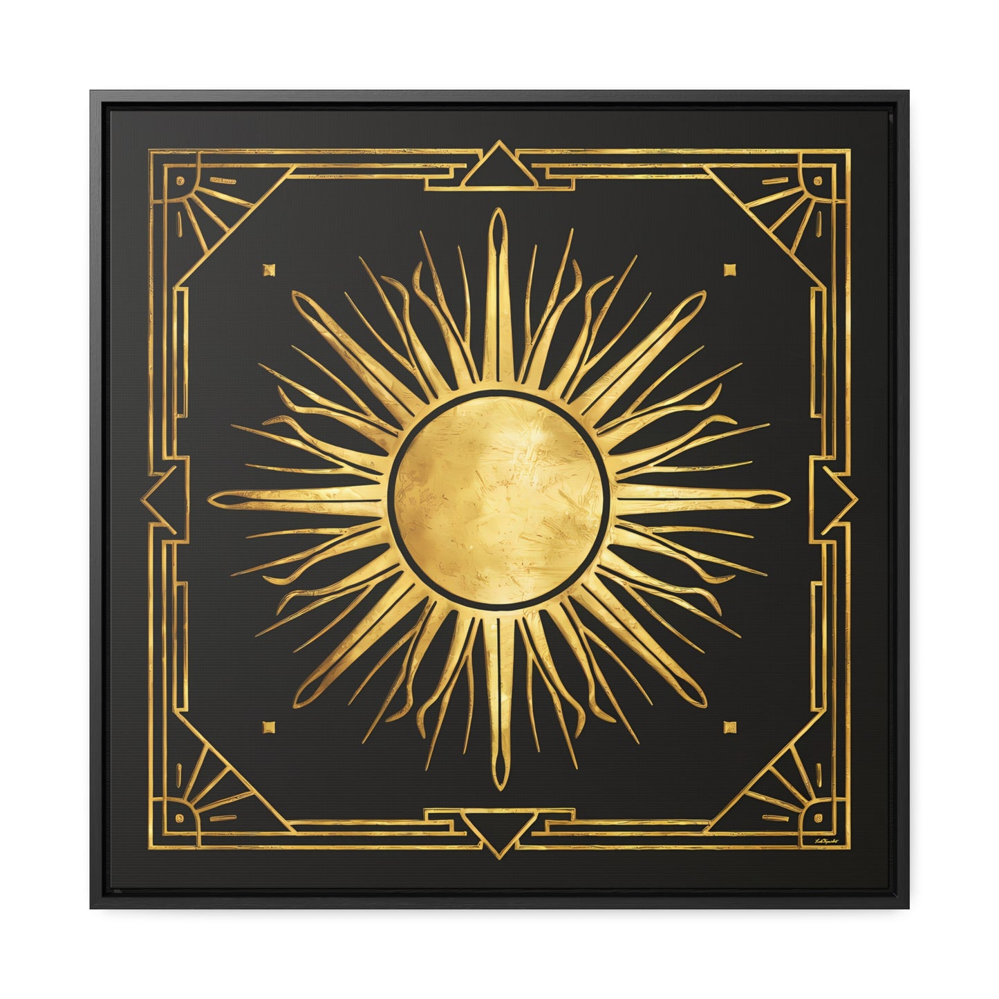 Canvas Wall Art, Black and Distressed Gold Art Deco Sun Square, Framed Decor, Dramatic Retro Style, Home Decoration, Square Frame - LOLA VEGAS ART