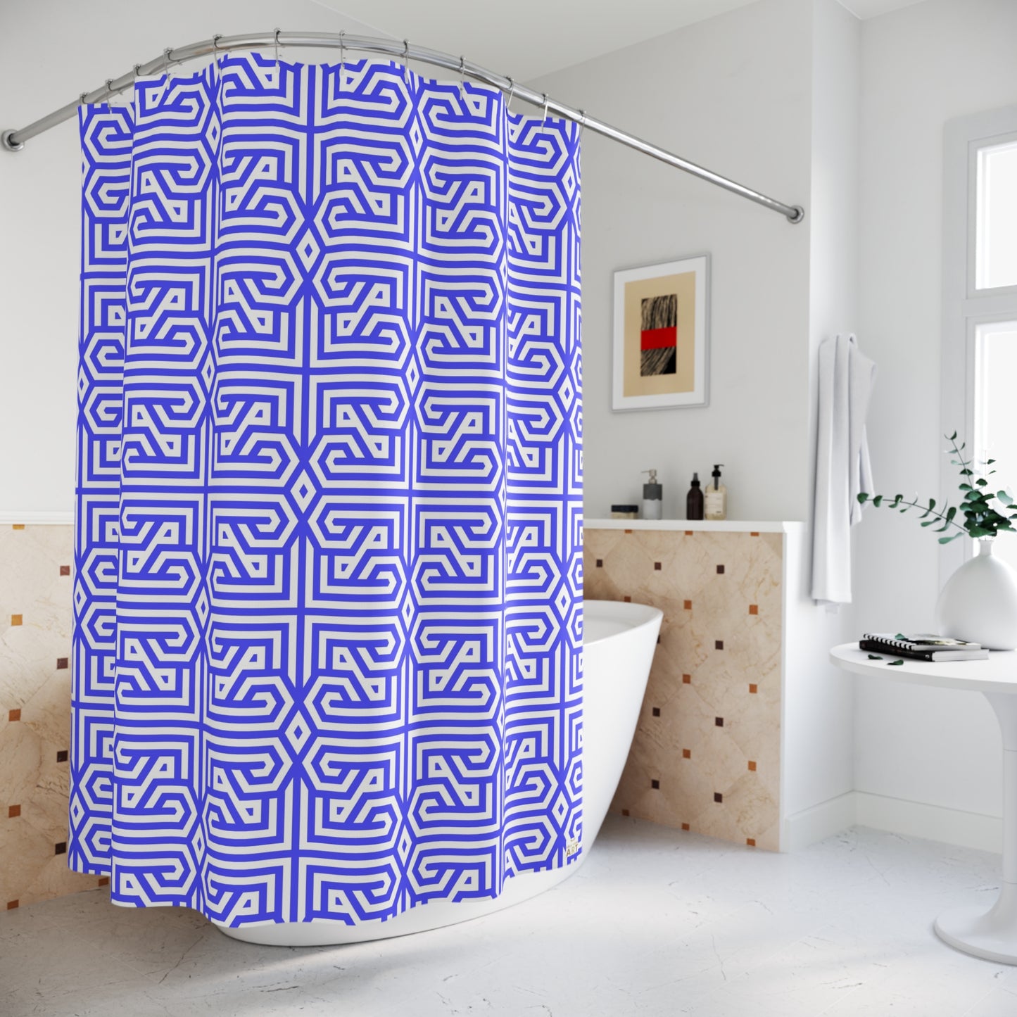Periwinkle Geometric Pattern Shower Curtain | Greek Key Inspired, Modern Bathroom Decor, Abstract Design, Housewarming Gift, Unique Style