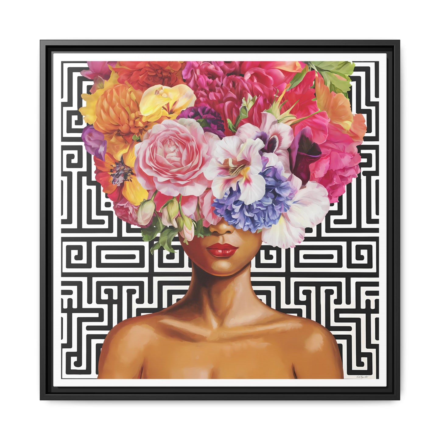 Framed Art Canvas: Vibrant Floral Portrait Decor, Boho Wall Art, Home Gallery, Gift for Her, Inspirational Art, Woman With Flower Head - LOLA VEGAS ART