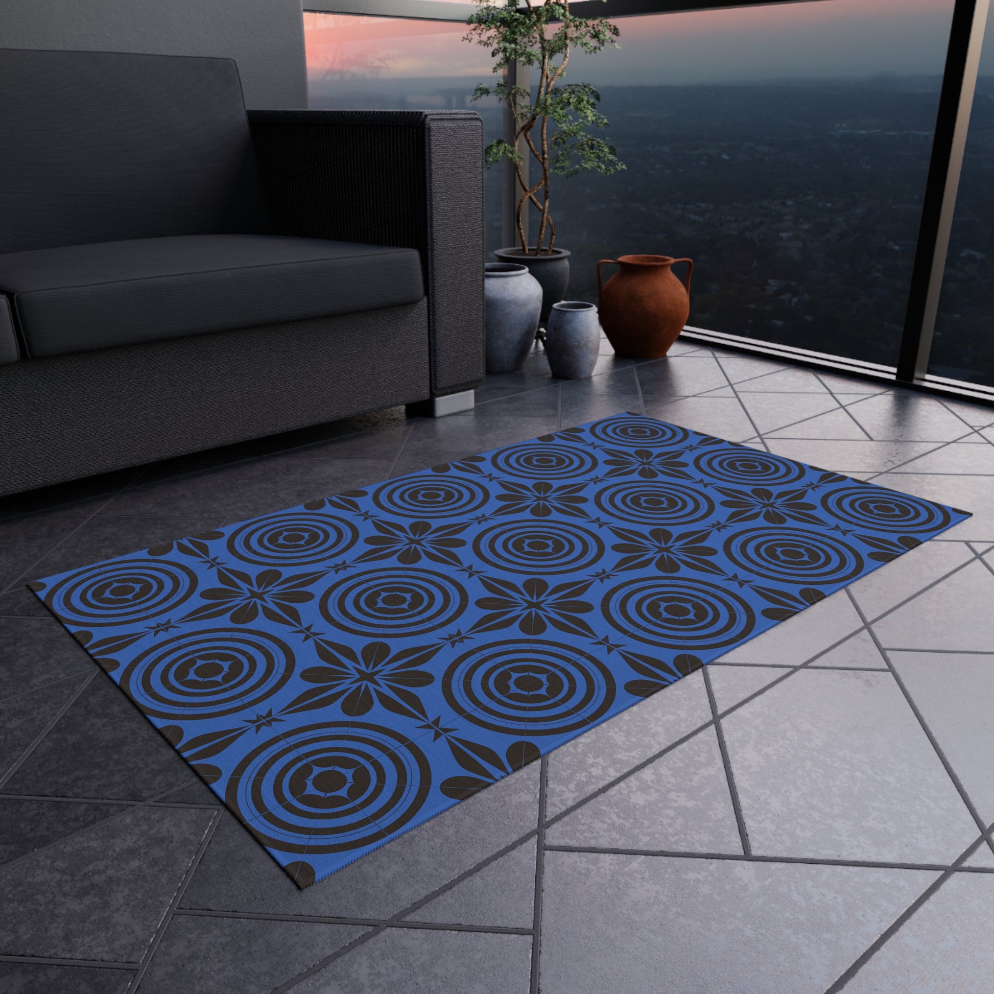 Blue and Black Outdoor Area Rug, Bohemian Patio Carpet, Garden Mat, Outdoor Living Decor, Front Porch Rug, All-Weather Floor Covering - LOLA VEGAS ART