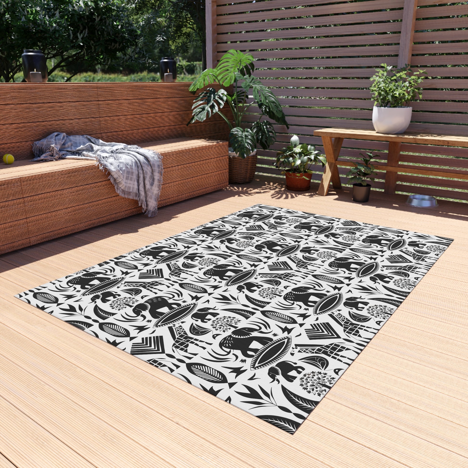 Black/White jungle Indoor/Outdoor Bohemian Rug, Stylish Patio Mat, Home Decor, Garden Area, Picnic Essentials, Unique Gift for Nature Lovers - LOLA VEGAS ART