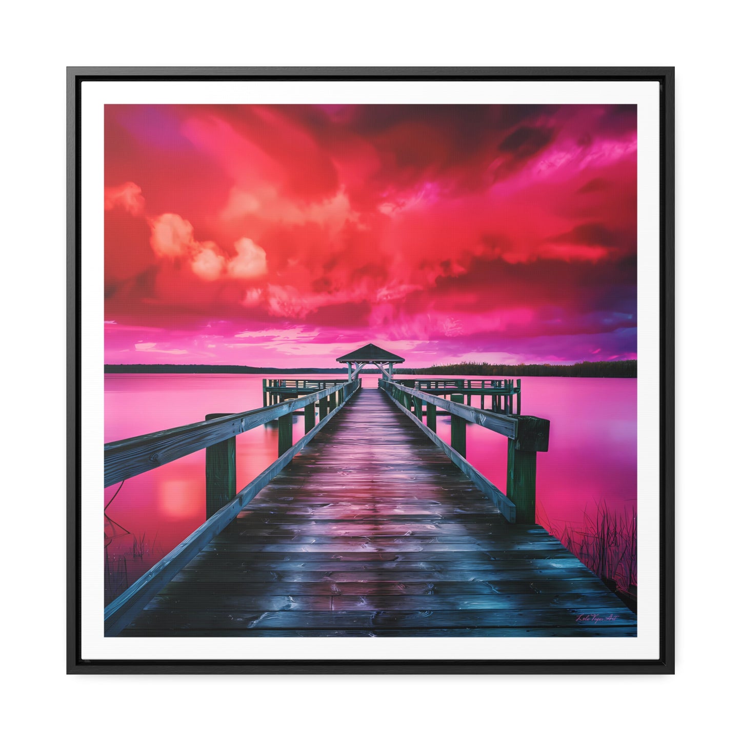 Serene Lake Dock Canvas Wall Art, Square Frame Landscape Print, Peaceful Nature Gallery Wrap, Stunning Pink and Red Sky Decor, Calm Water - LOLA VEGAS ART