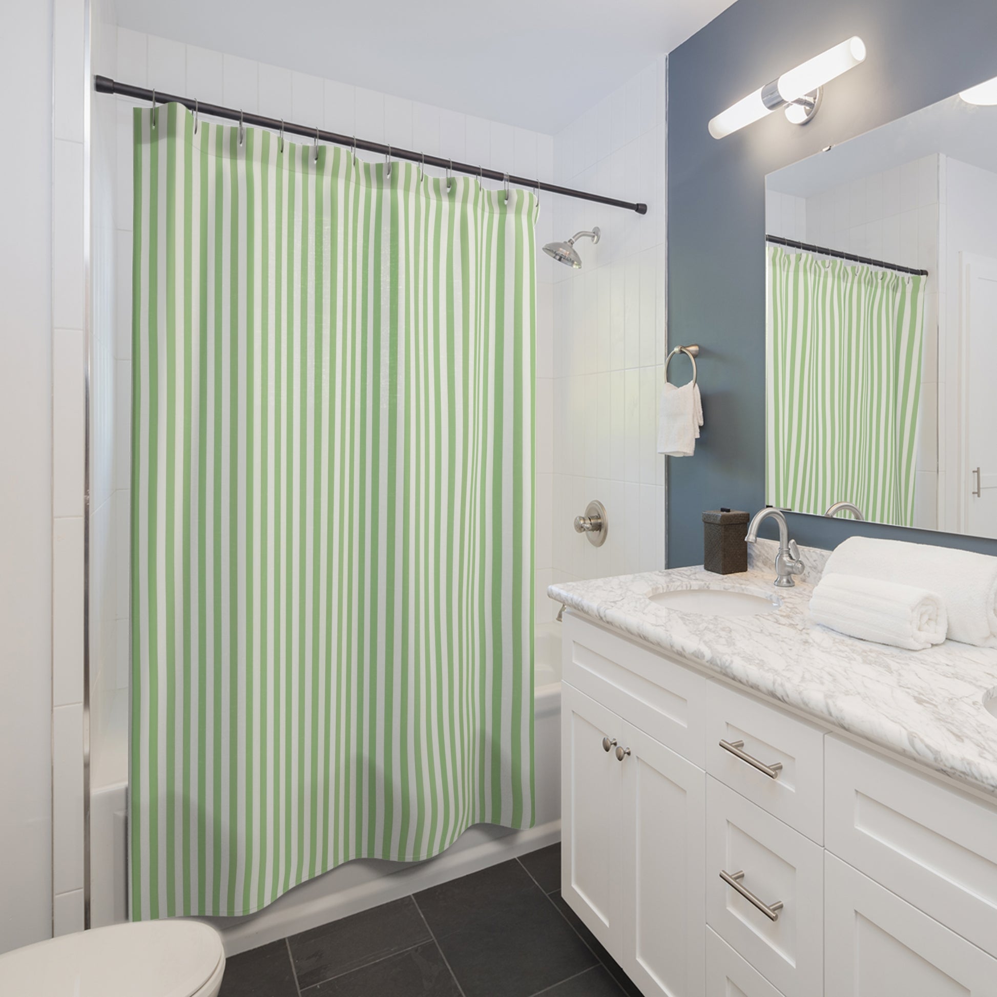 Fresh Green Vertical Stripe Shower Curtain, Nautical Bathroom Decor, Eco-Friendly Home Accessory, Perfect for Spring Refresh, Gift Idea for - LOLA VEGAS ART