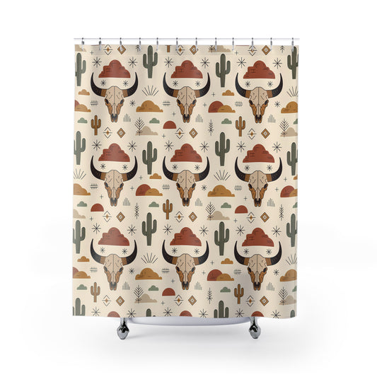 Bohemian Cow Skull Shower Curtain, Western Decor, Bathroom Accessories, Unique Home Decor, Cactus Theme, Vintage Style - LOLA VEGAS ART