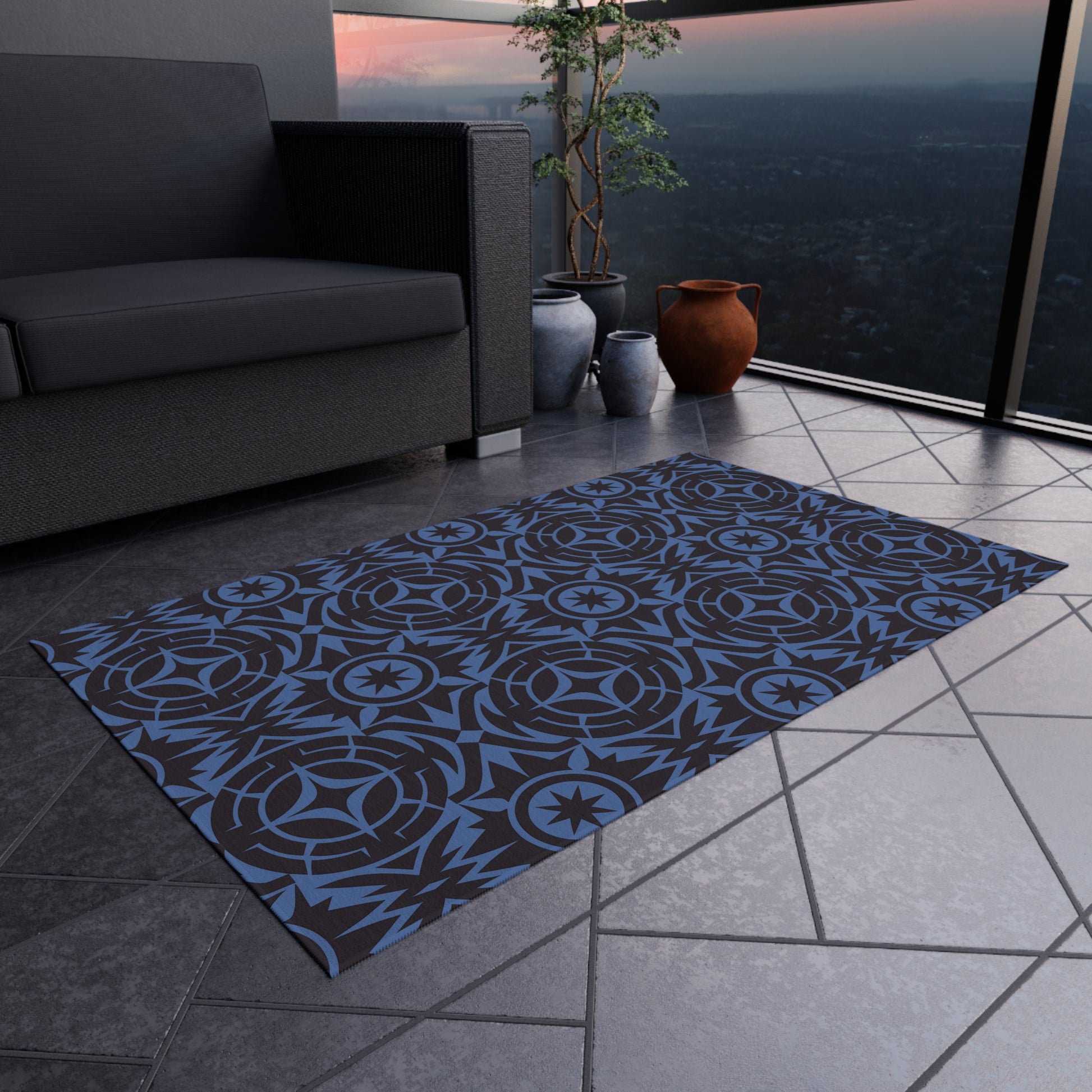 Blue and Black Stylish Outdoor Rug for Patios, Decks, and Porches, Durable Decorative Mat, Outdoor Living Essentials, Seasonal Decorations - LOLA VEGAS ART