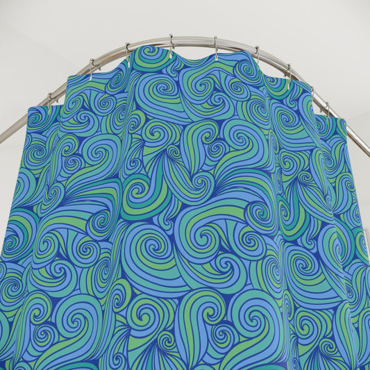 Blue Green Swirl Pattern Shower Curtain | Nautical Wave Bathroom Decor
