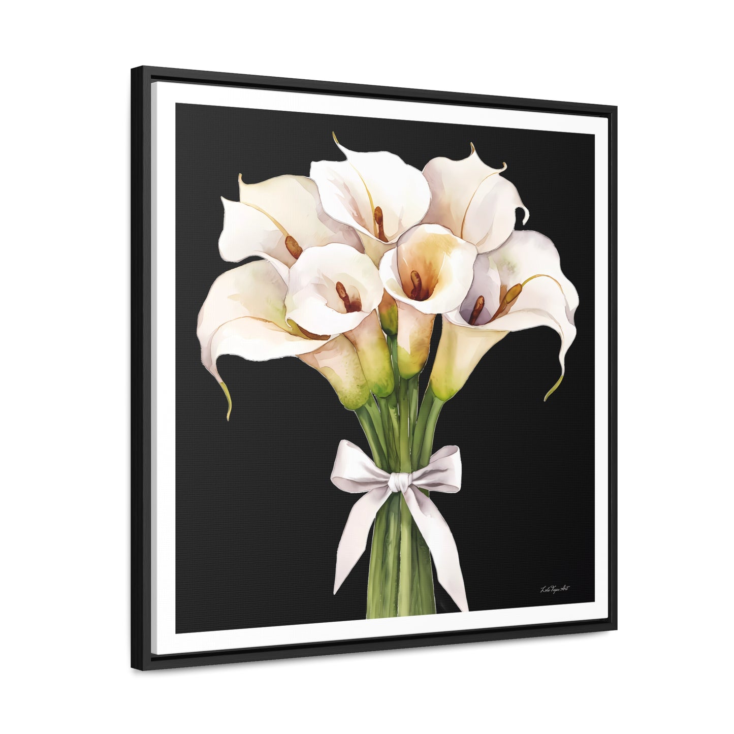 Square Frame Canvas Wall Art - White Calla Lillies Bouquet Painting, Gallery Canvas Wraps, Square Frame, Home Decor, Floral Art, Black - LOLA VEGAS ART