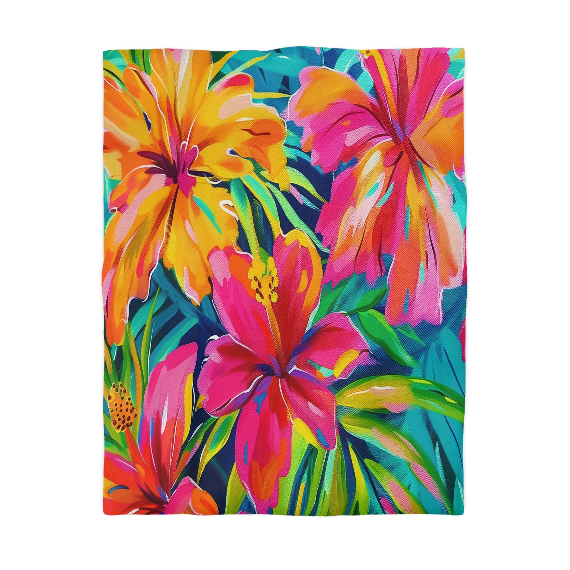 Tropical Floral Microfiber Duvet Cover - Vibrant Bedding, Boho Home Decor, Floral Print Cover, Summer Vibes, Gift for Her, Pink and Green - LOLA VEGAS ART