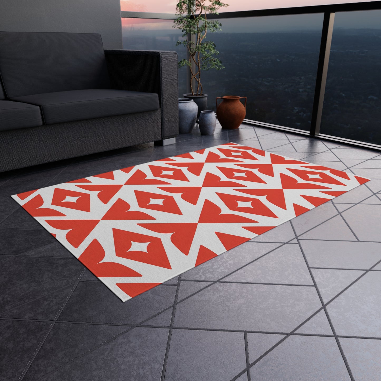 Retro Diamond Geo Outdoor/Indoor Rug | Dark Orange White Patio Mat