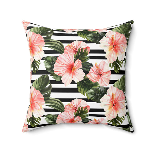 Tropical Pink, Green, Black Floral Throw Pillow - Relaxing Decor for Living Room, Bedroom, Summer Vibes, Gift for Home Lovers, Cushion - LOLA VEGAS ART