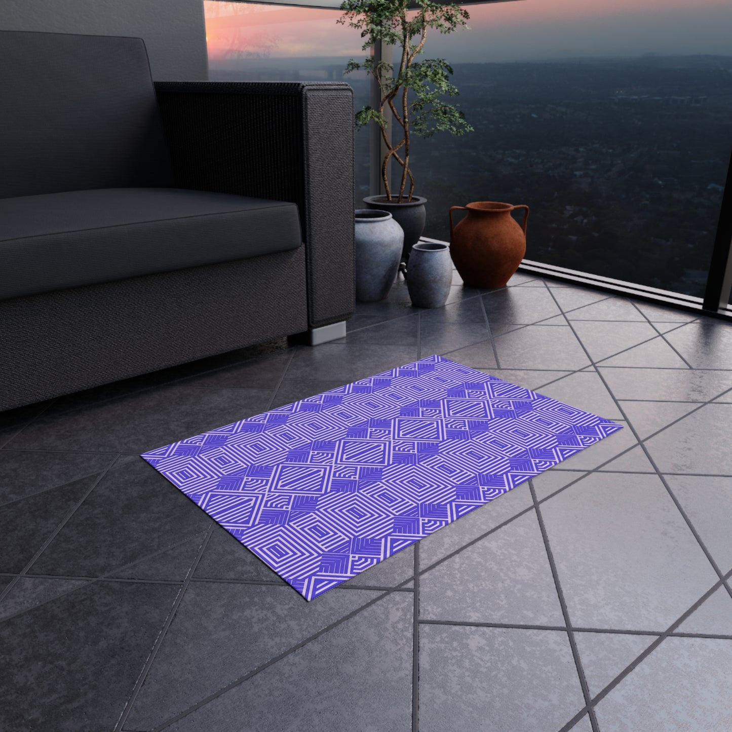 Purple and White Stylish Outdoor/Indoor Rug for Patio Decor, Boho Chic Deck Mat, Versatile Area Rug, Summer Gatherings, Garden Party Decor - LOLA VEGAS ART