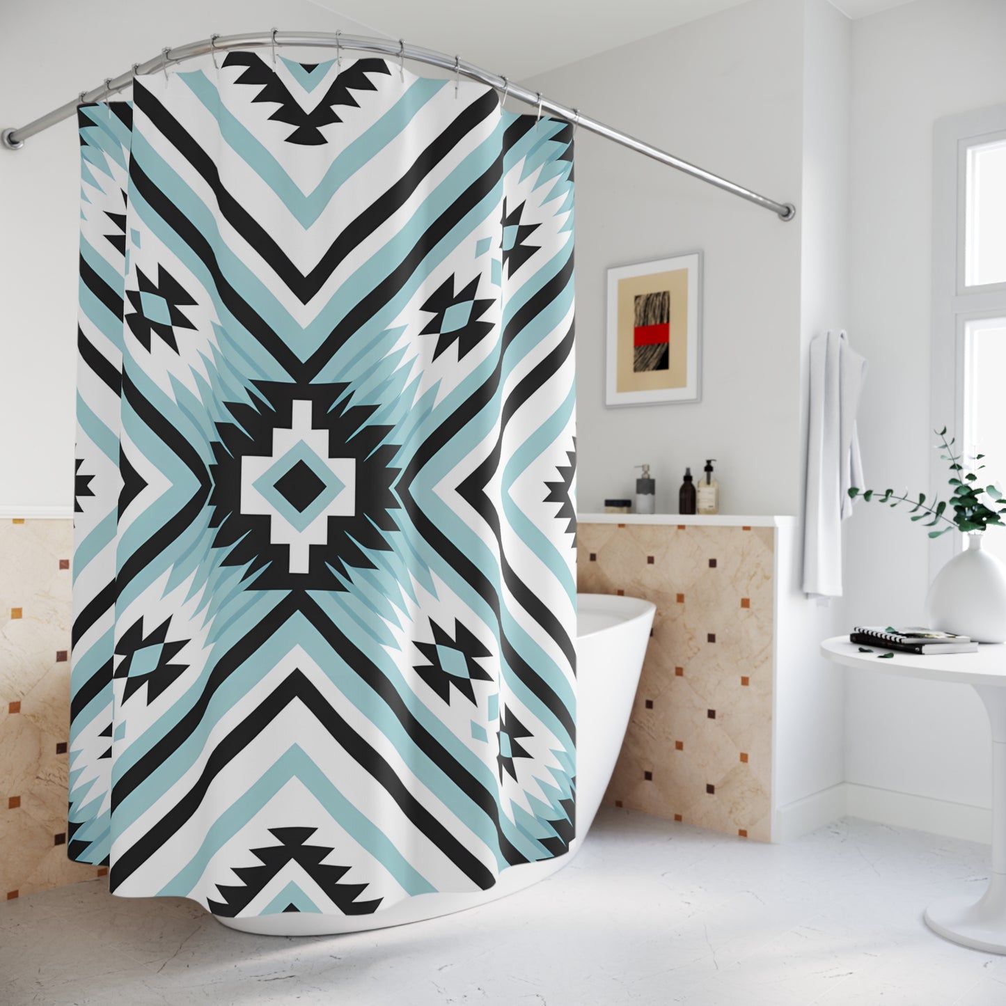 Modern Geometric Shower Curtain, Boho Bathroom Decor, Tribal Print, Aqua Blue, Chic Home Accessories, Stylish Bath - LOLA VEGAS ART