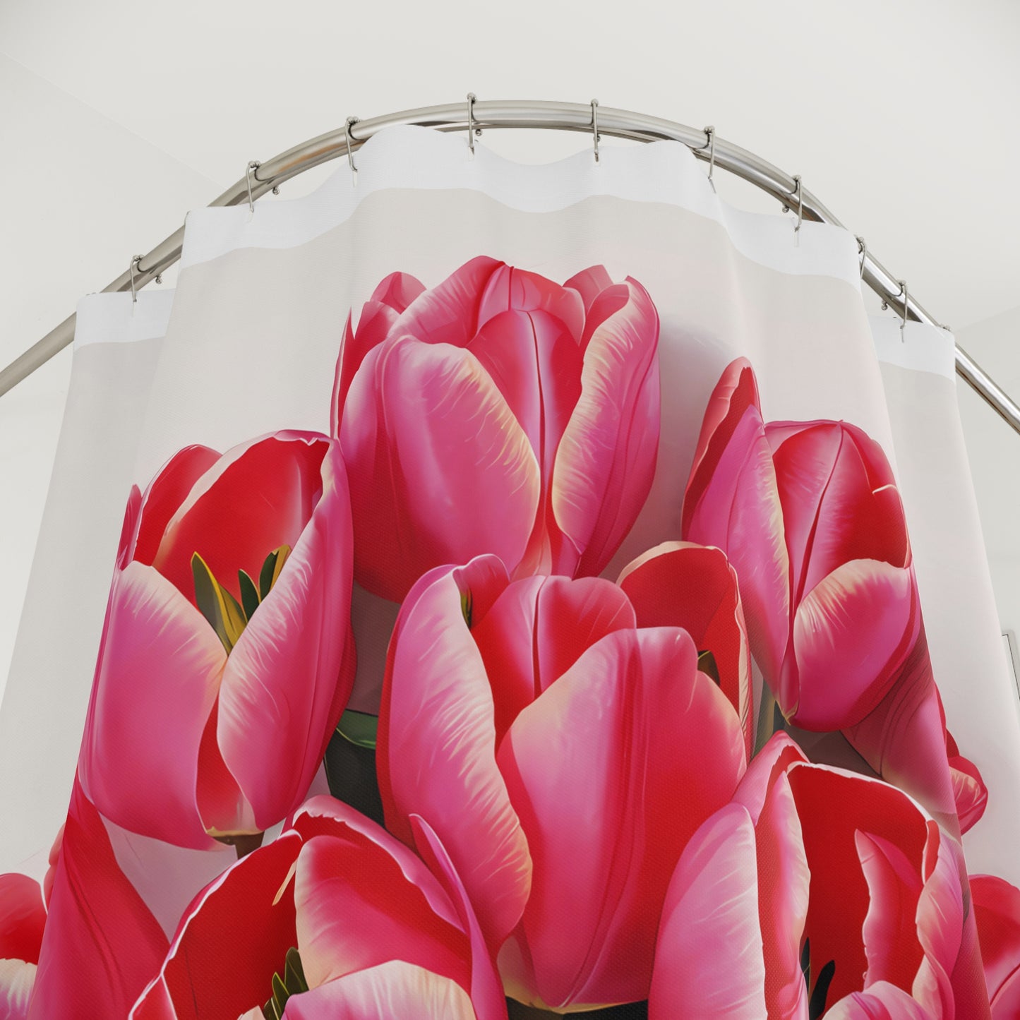 Pink Tulip Bouquet Shower Curtain - Feminine Farmhouse Bathroom Decor, Floral Bath Accessories, White Bathroom Curtain, Spring Flower Home - LOLA VEGAS ART