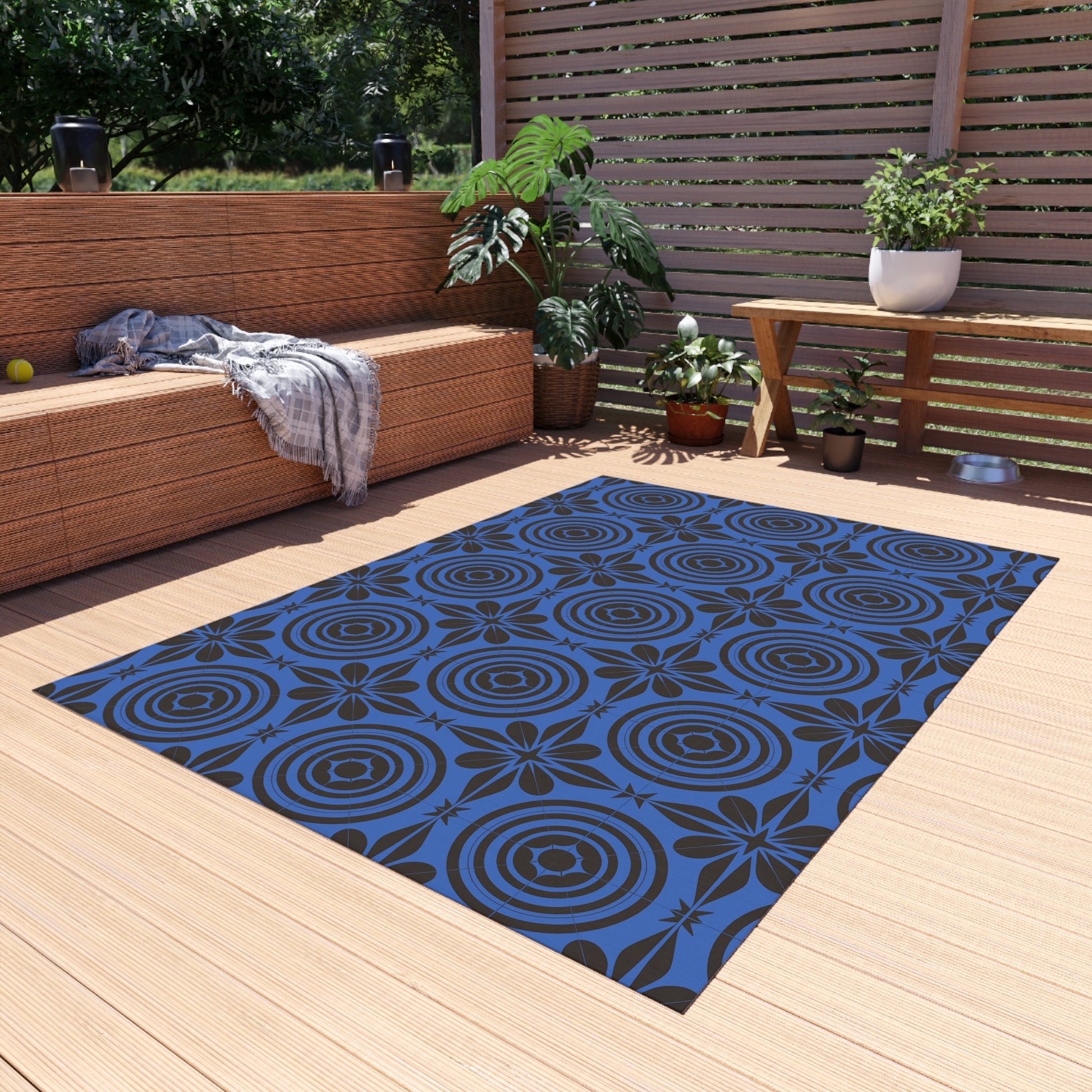 Blue and Black Outdoor Area Rug, Bohemian Patio Carpet, Garden Mat, Outdoor Living Decor, Front Porch Rug, All-Weather Floor Covering - LOLA VEGAS ART