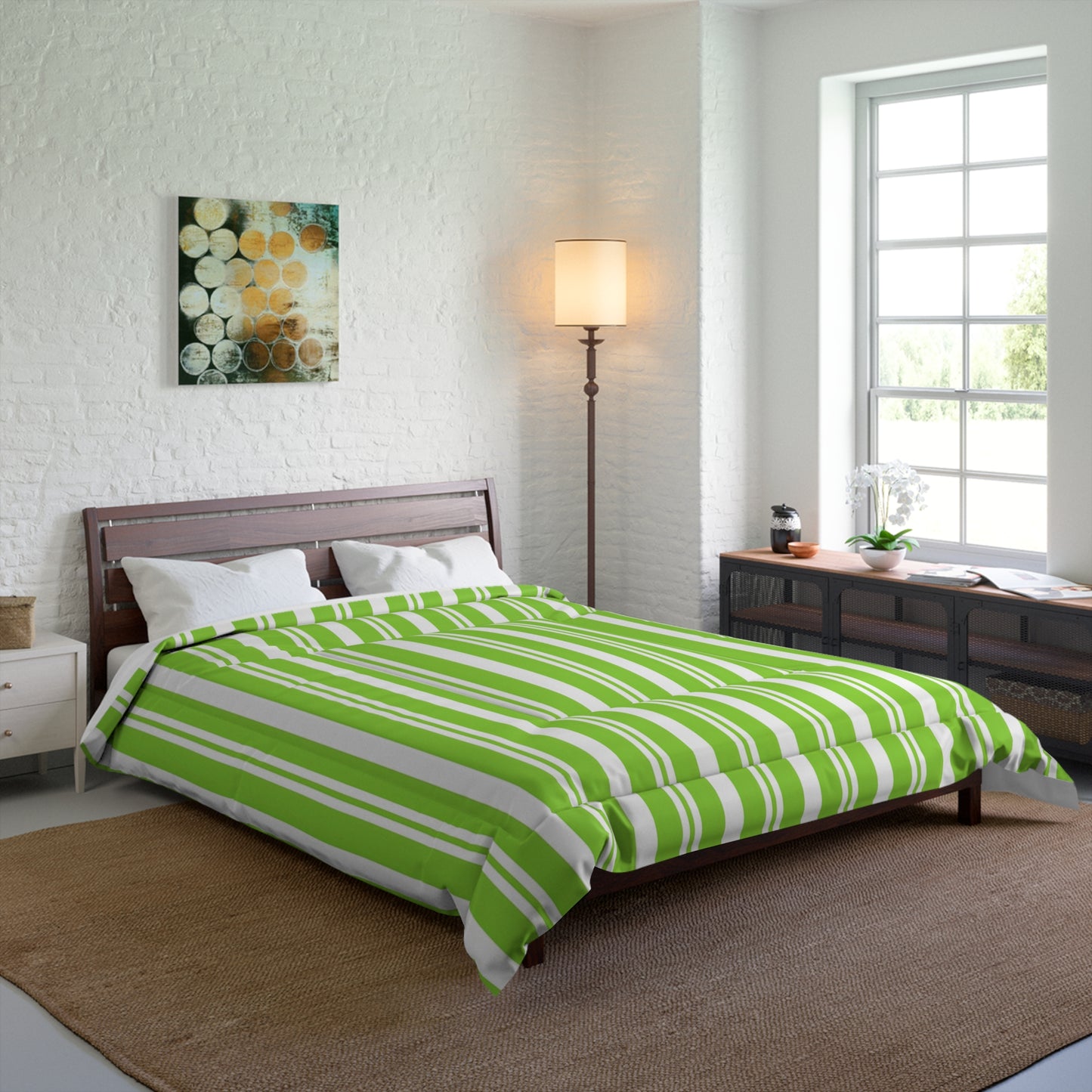 Fresh Green Striped Comforter, Cozy Bedroom Decor, Summer Bedding, Modern Quilt, Eco-Friendly Home Textile, Gift for Nature Lovers - LOLA VEGAS ART