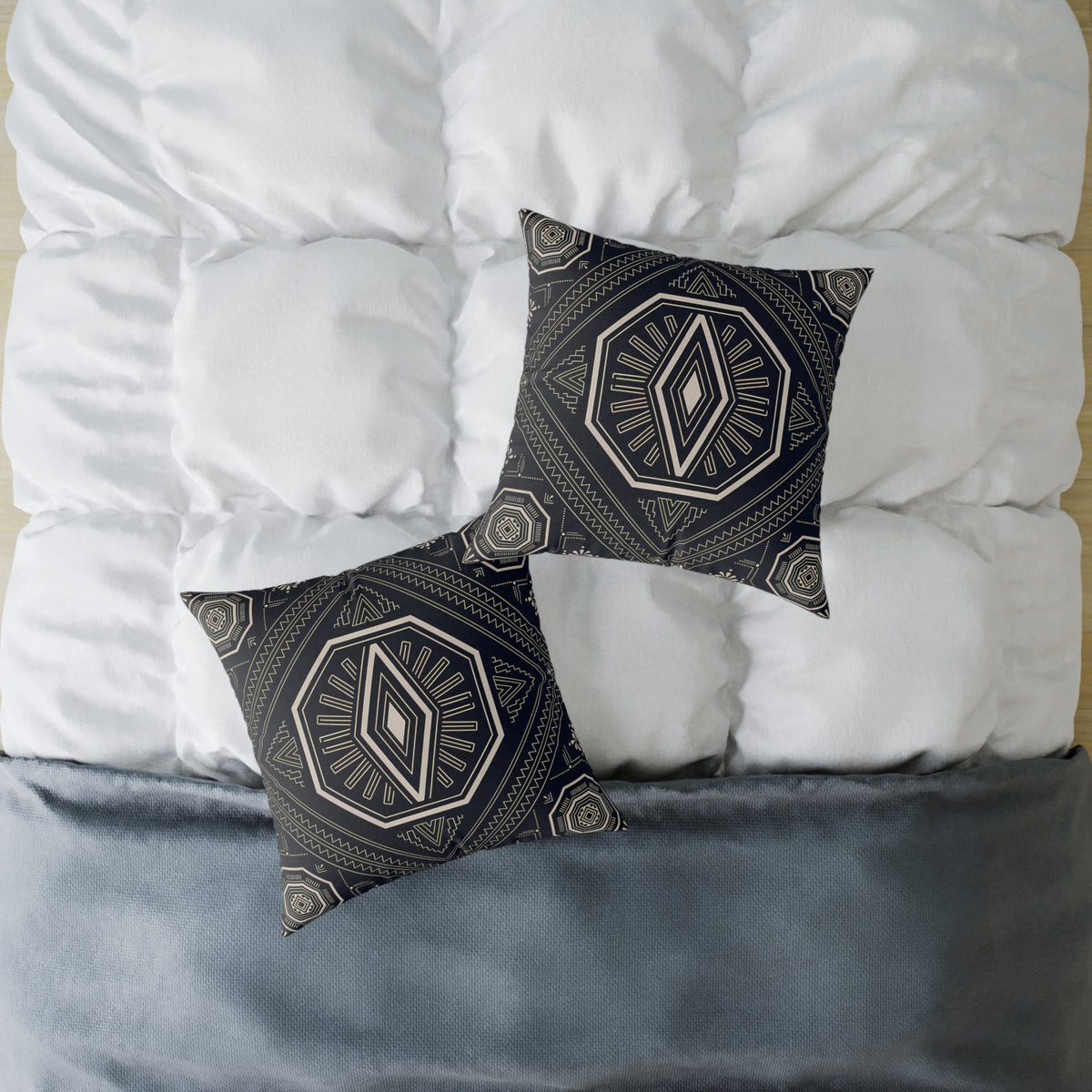 Geometric Black & Cream Tribal Medallion Square Pillow | Boho Aztec Pattern