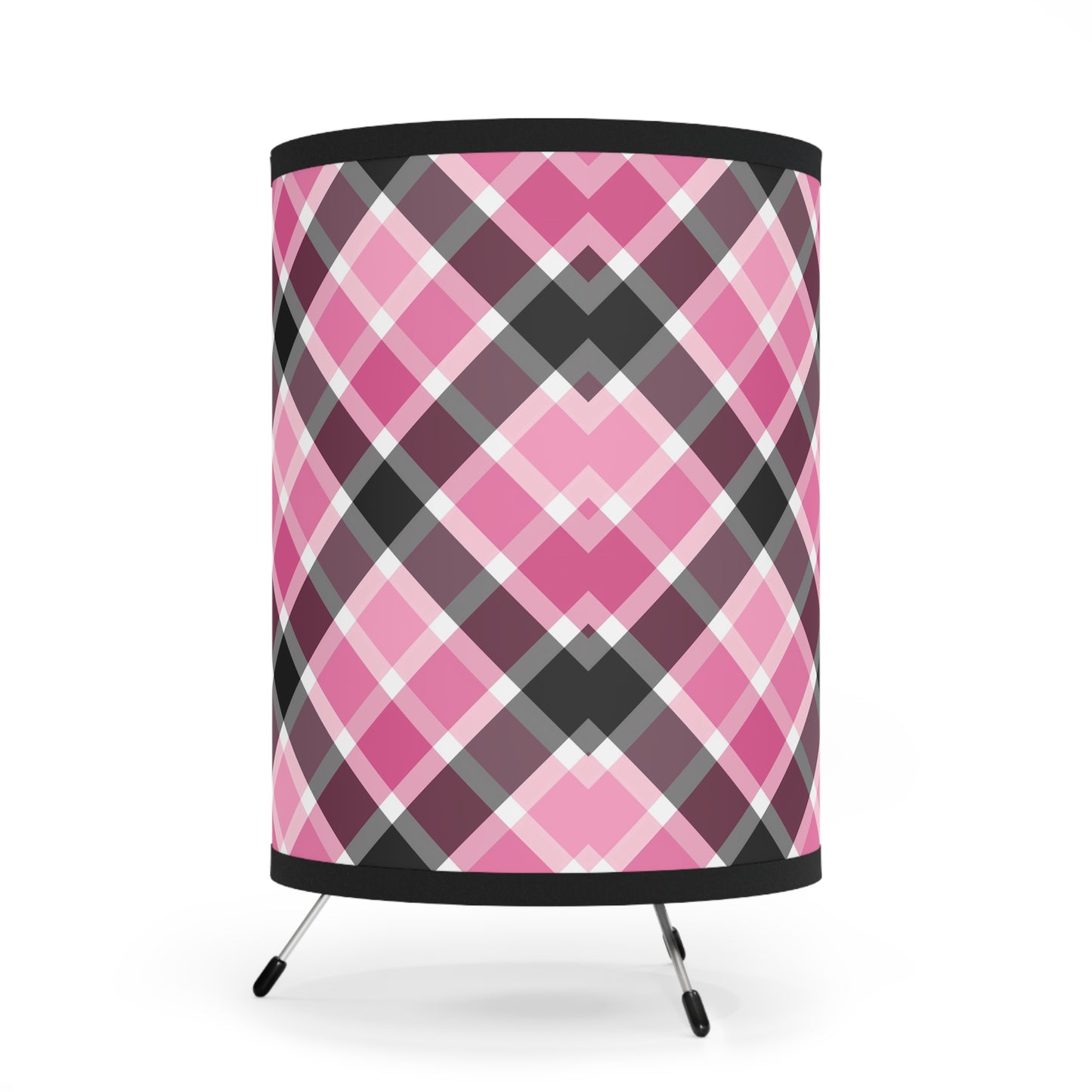 Chic Pink and Black Plaid Tripod Lamp, Stylish Home Decor, Modern Lighting, Living Room Accent, Gift for Her, Desk Lamp