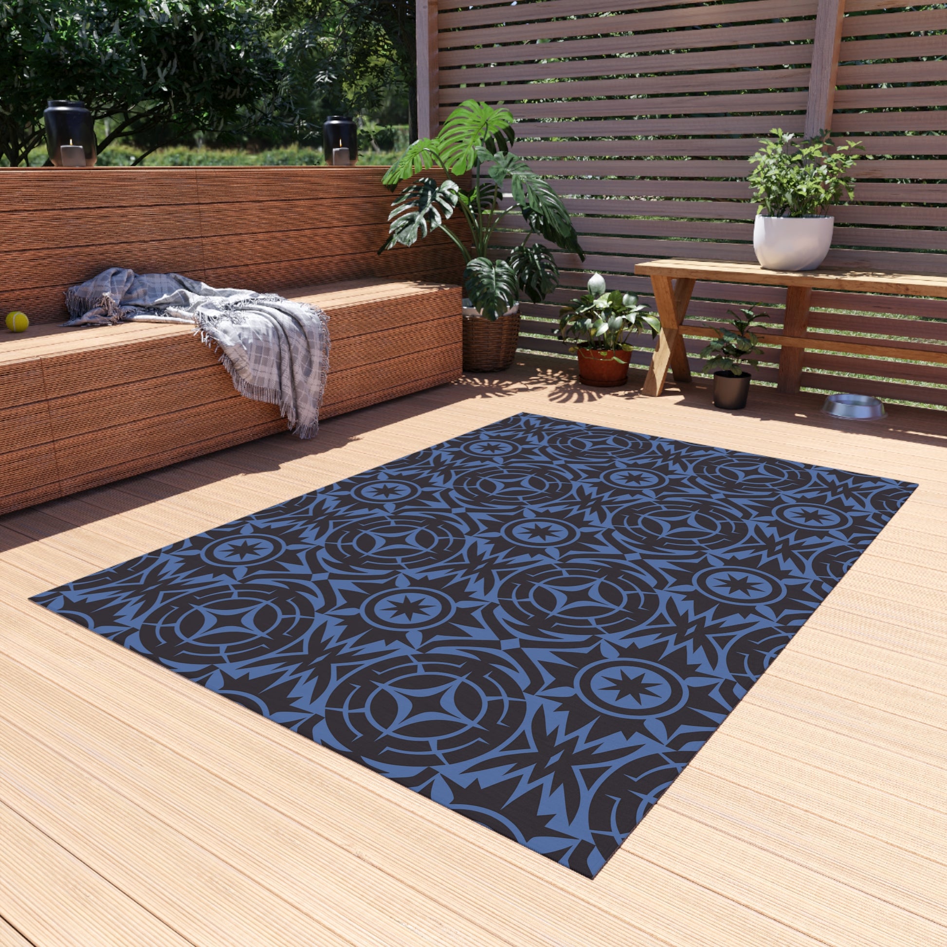Blue and Black Stylish Outdoor Rug for Patios, Decks, and Porches, Durable Decorative Mat, Outdoor Living Essentials, Seasonal Decorations - LOLA VEGAS ART