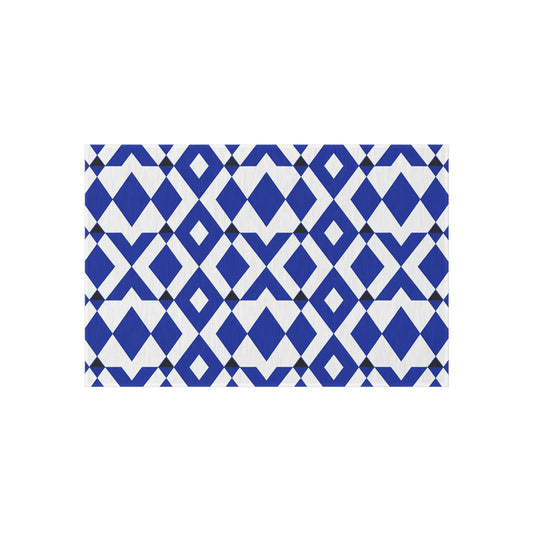 Blue Geometric Diamond Pattern Outdoor/Indoor Rug | Patio Mat, Modern Navy Black White Design