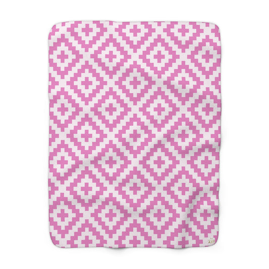 Boho Native American Pink White Geometric Diamond Pattern Sherpa Blanket | Cozy Fleece Throw