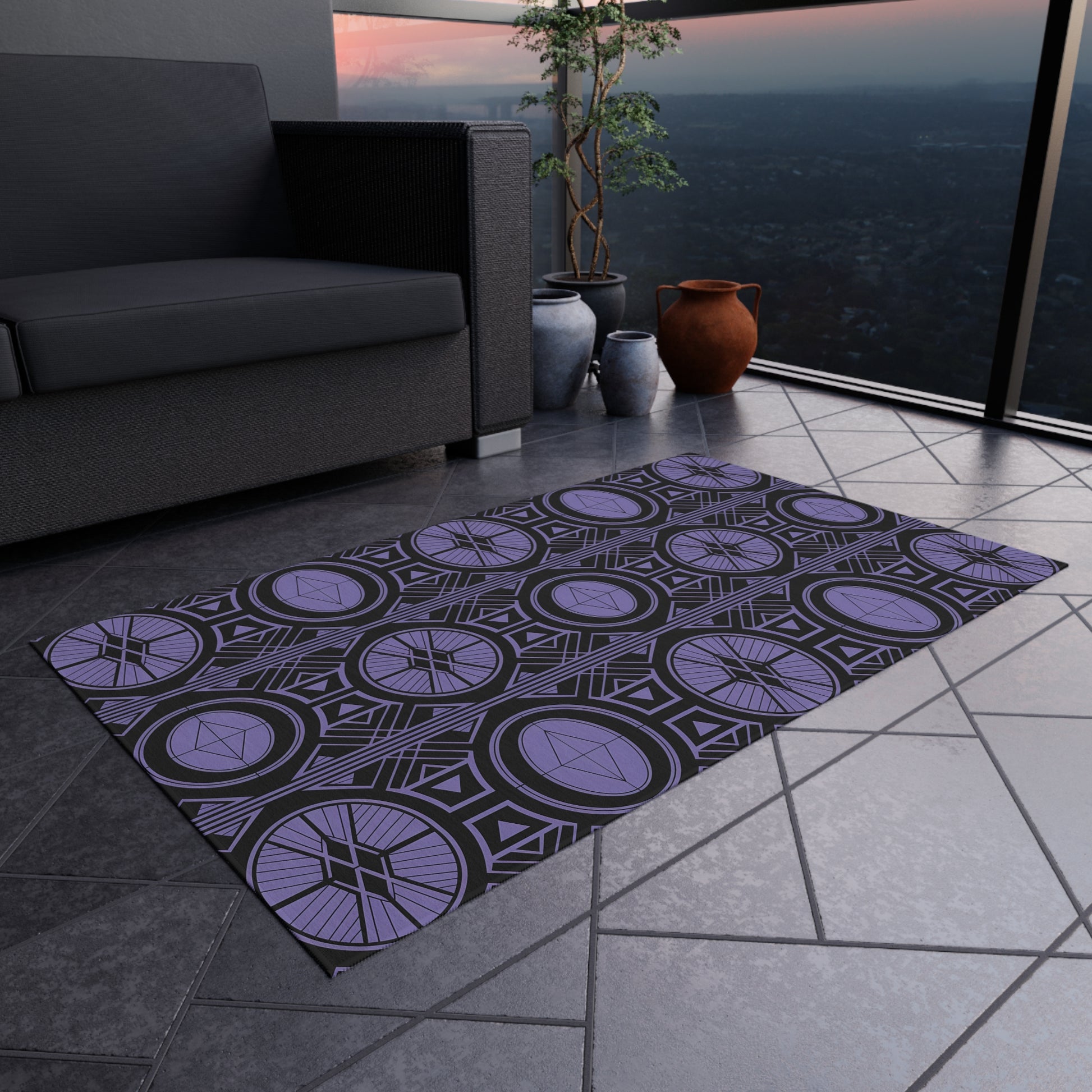 Chic Outdoor/Indoor Rug for Stylish Patios, Geometric Design, Weather-Resistant Floor Mat, Garden Rug, Boho Decor, Outdoor Living - LOLA VEGAS ART