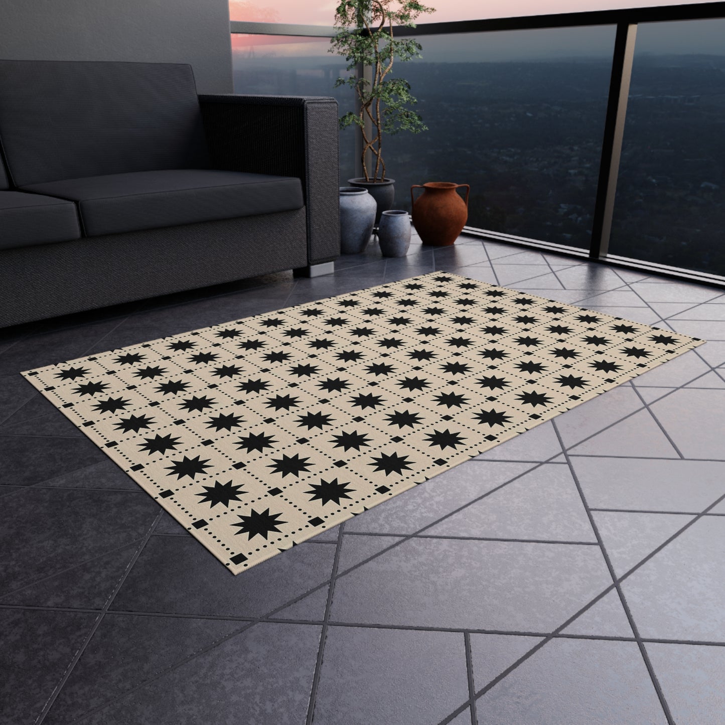 Black Star Tile Outdoor/Indoor Rug | Geometric Patio Mat, Weatherproof Accent Rug