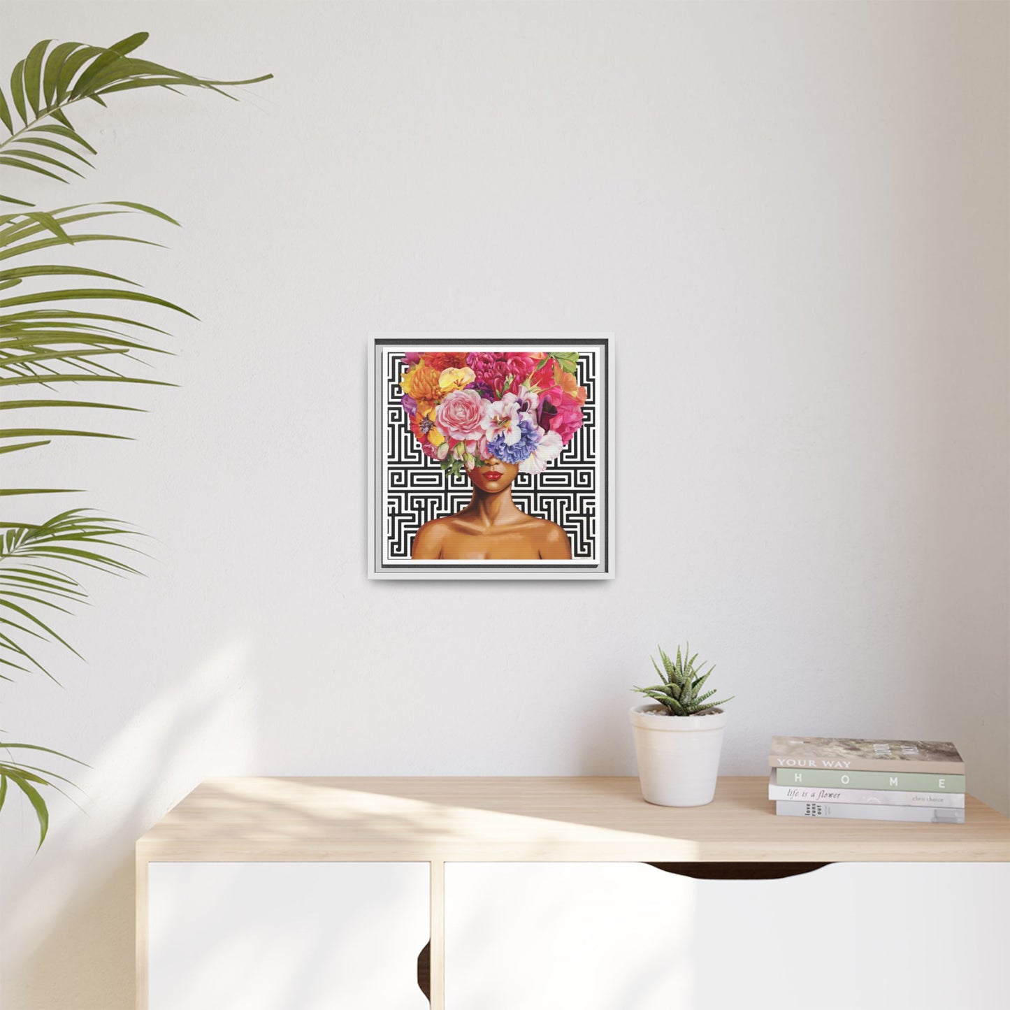 Framed Art Canvas: Vibrant Floral Portrait Decor, Boho Wall Art, Home Gallery, Gift for Her, Inspirational Art, Woman With Flower Head - LOLA VEGAS ART