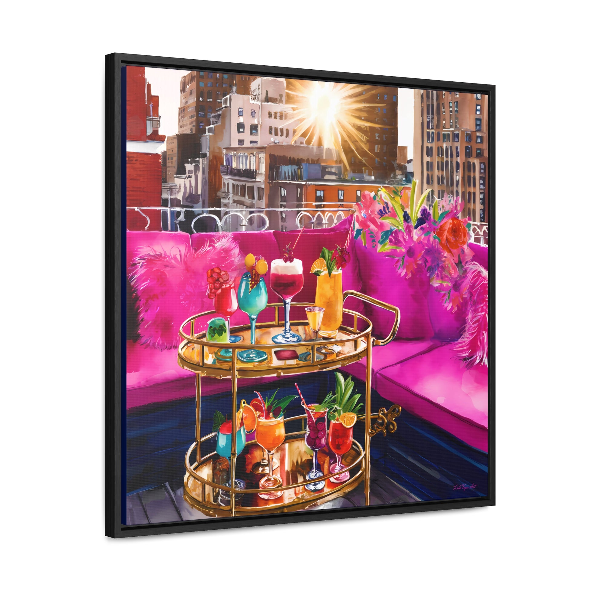 Fashionista Square Canvas Wall Art NYC Rooftop Deck, Hot Pink Couch, Cocktails, Glamorous & Feminine, Pink Decor, Trendy, Glam Girl - LOLA VEGAS ART