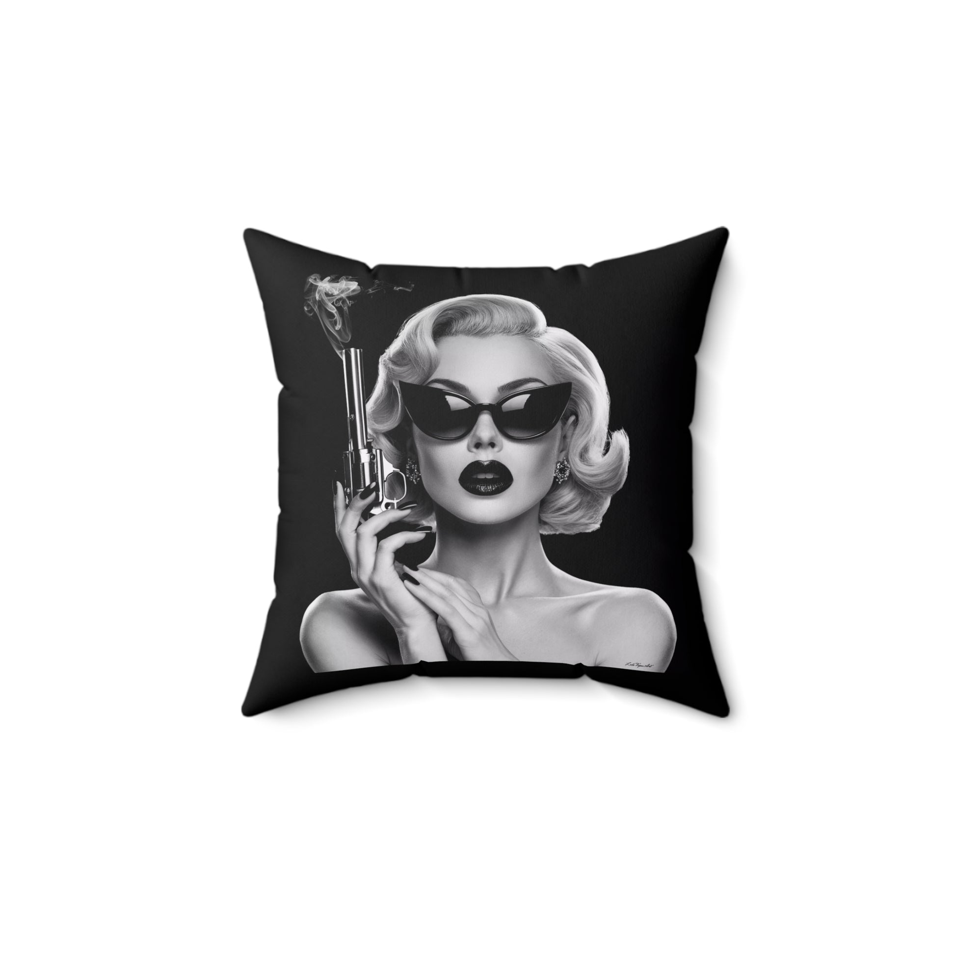 Square Pillow, Retro Femme Fatale Smoking Revolver Square Throw Pillow, Film Noir Hollywood Regency Glamorous Home Decor, Black Sunglasses - LOLA VEGAS ART