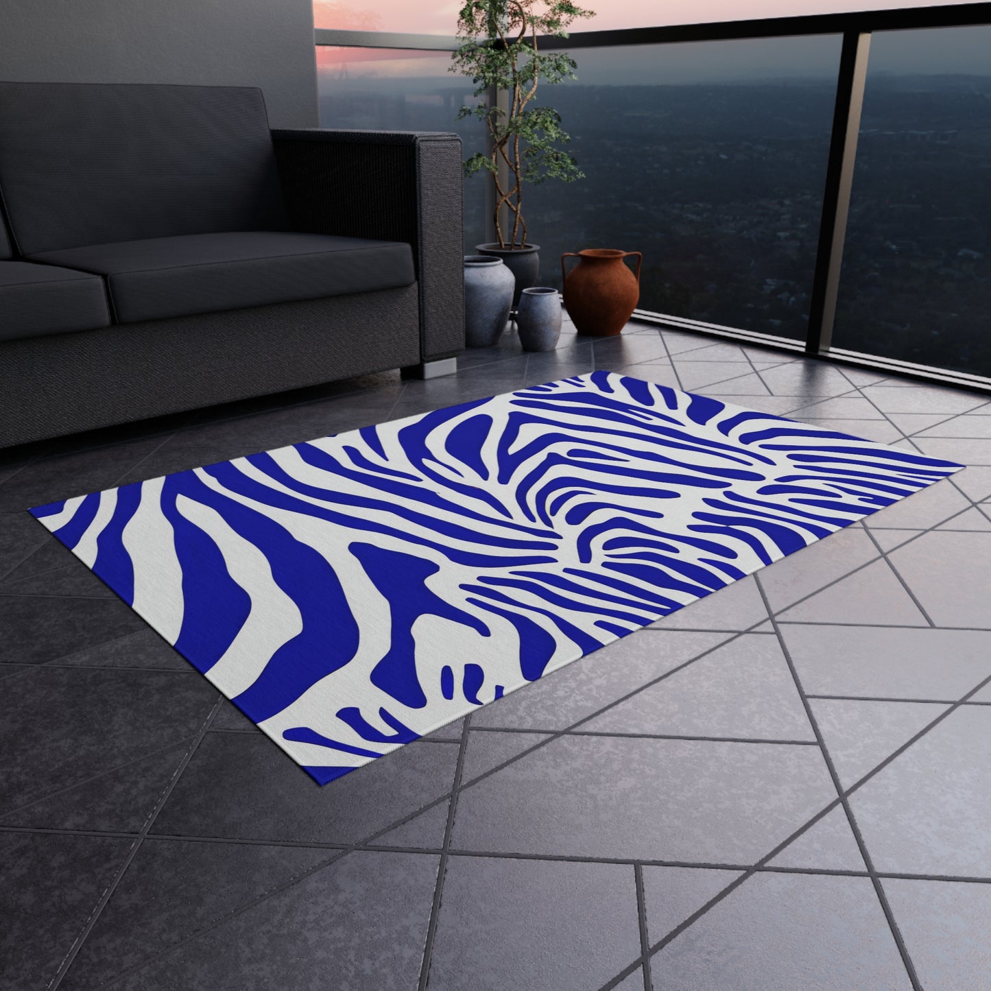 Blue White Zebra Print Outdoor/Indoor Rug | Bold Animal Stripe Patio Mat