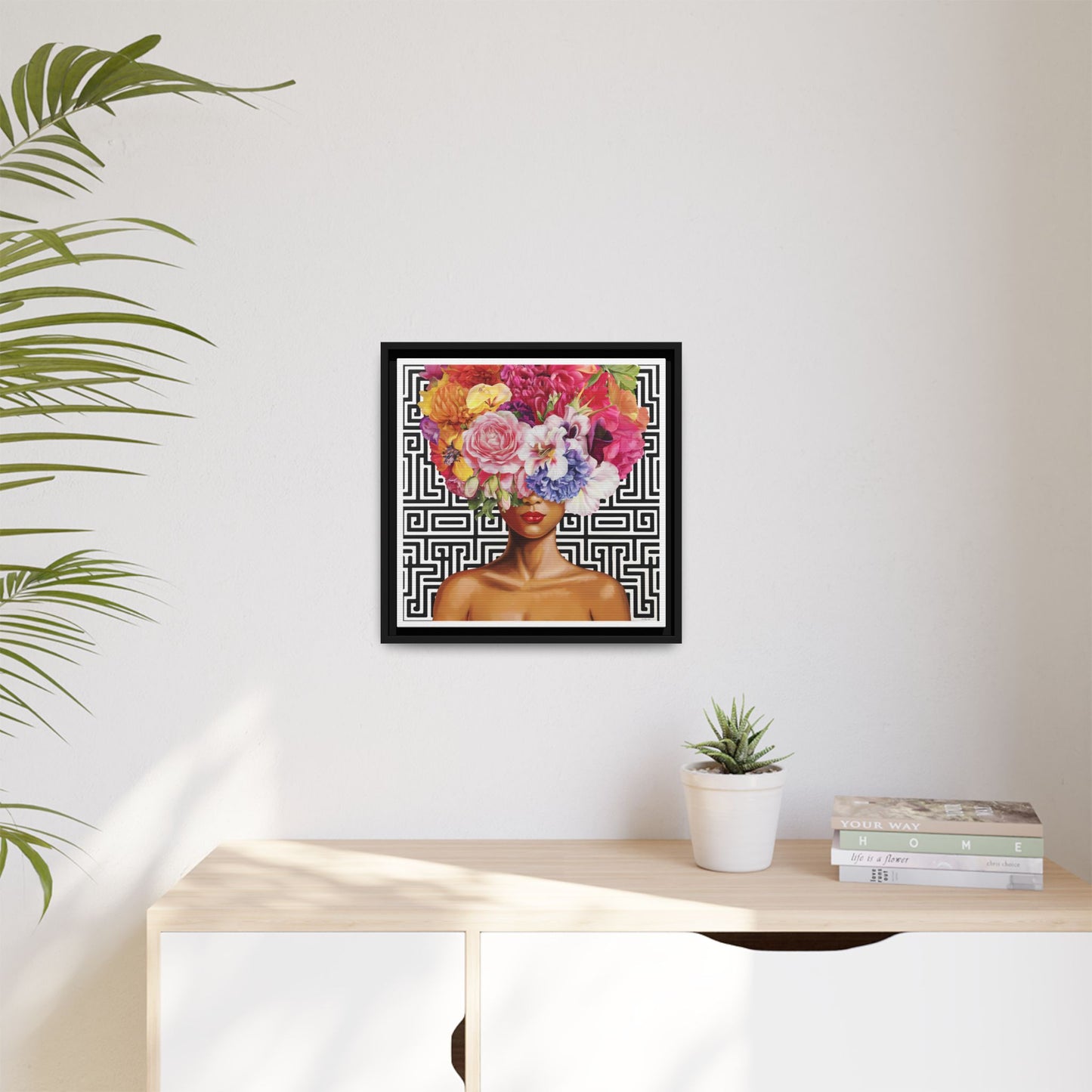 Framed Art Canvas: Vibrant Floral Portrait Decor, Boho Wall Art, Home Gallery, Gift for Her, Inspirational Art, Woman With Flower Head - LOLA VEGAS ART
