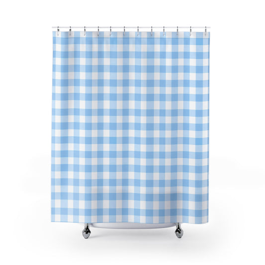 Blue Checkered Shower Curtain, Vintage Bathroom Decor, Farmhouse Style, Easy Care Bathtub Curtain, Summer Vibes, Home Makeover - LOLA VEGAS ART