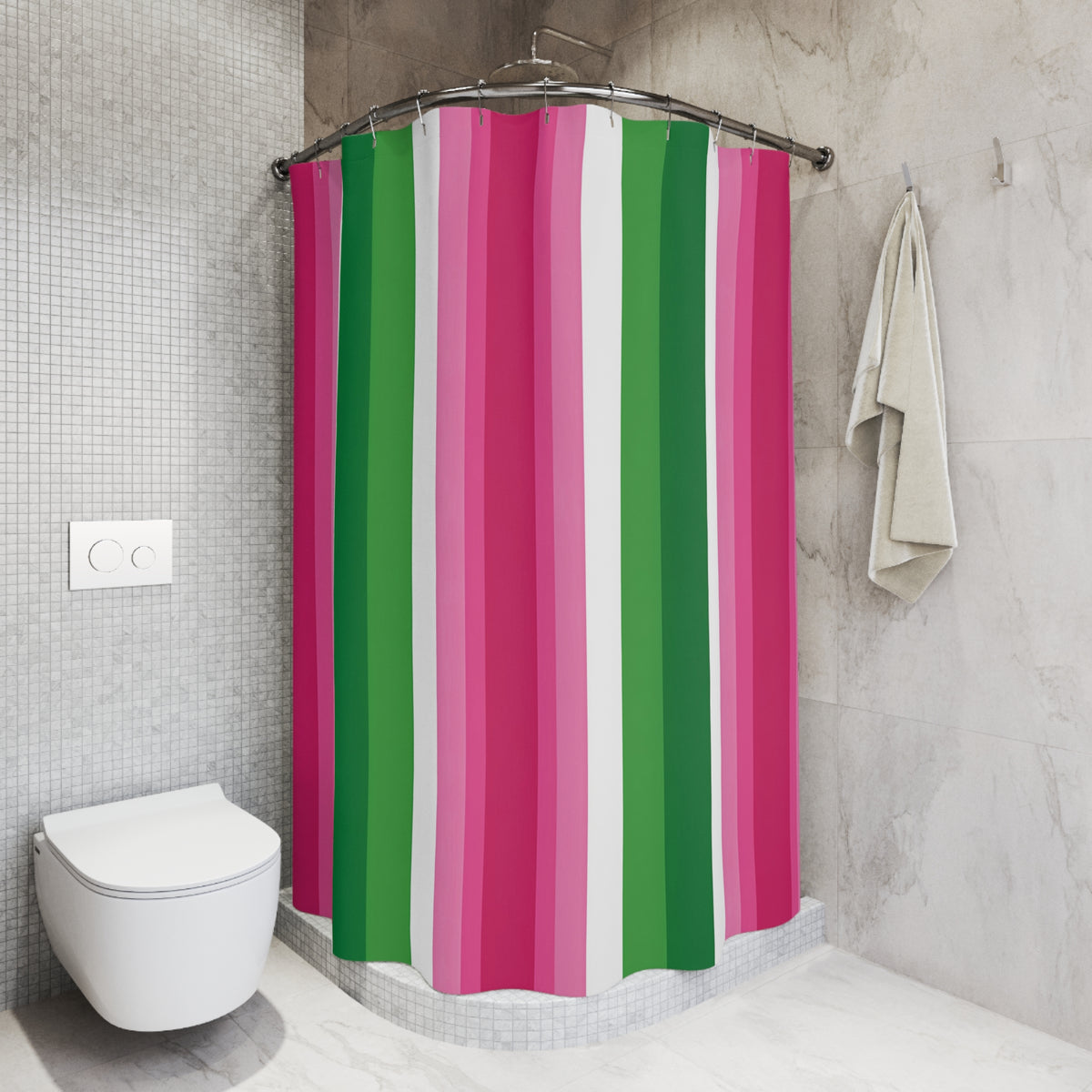 Pink and Green Vertical Stripe Shower Curtain | Bold Candy Stripe Bathroom
