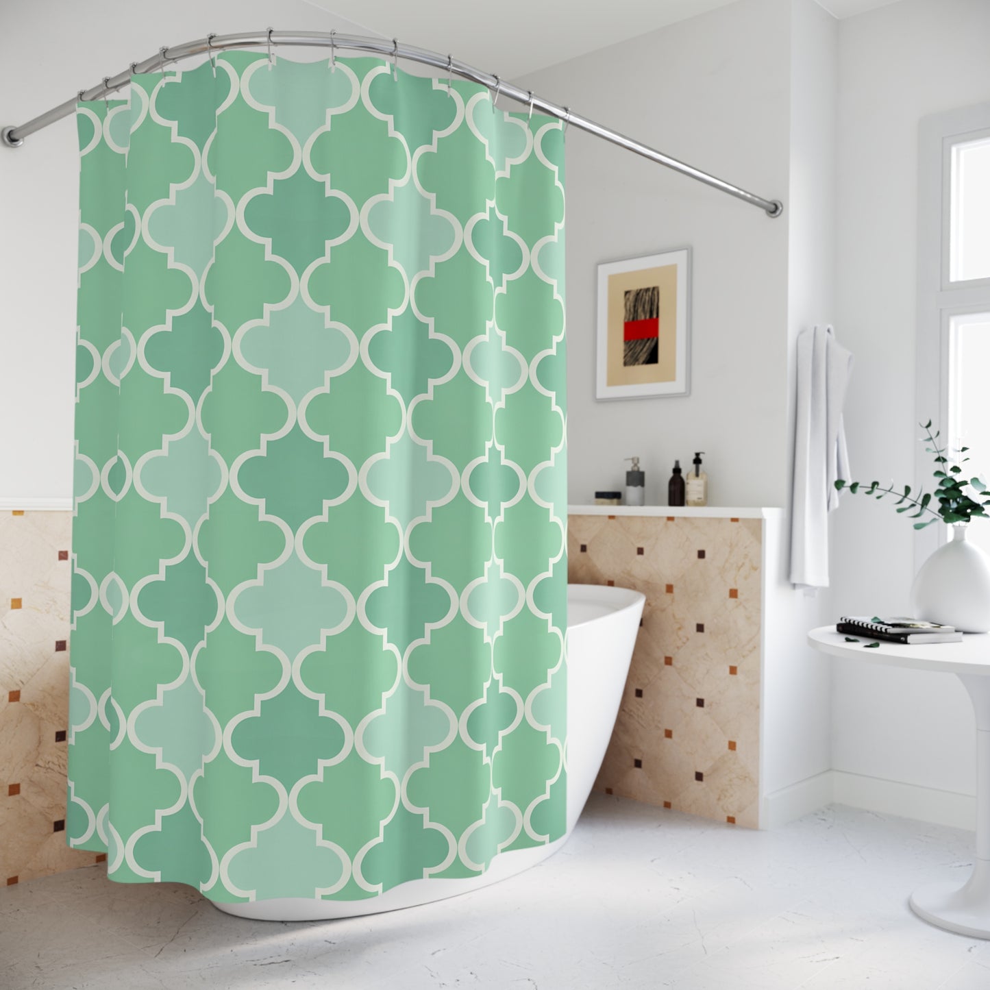 Stylish Geometric Shower Curtain, Modern Bathroom Decor, Mint Green Shower Curtain, Home Essentials, Chic Bathroom, Moroccan Quatrefoil - LOLA VEGAS ART