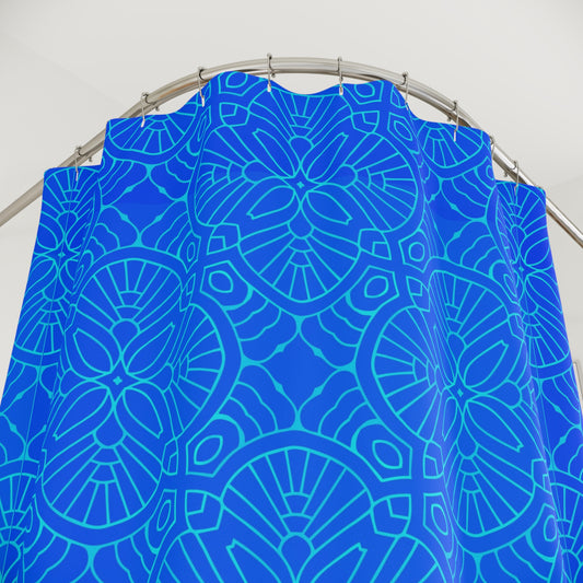 Blue Geometric Mandala Shower Curtain | Mediterranean Pattern Vibrant Bathroom Accessory