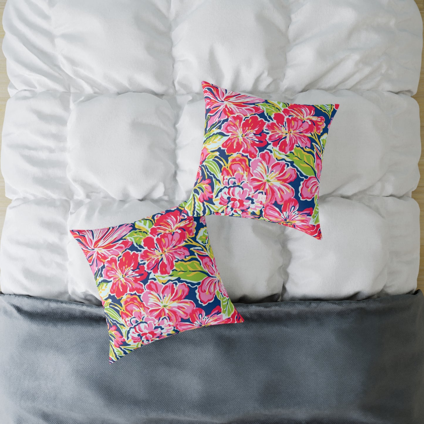 Pink Red Green Blue Tropical Hibiscus Floral Pillow | Square Poly Canvas Pillow
