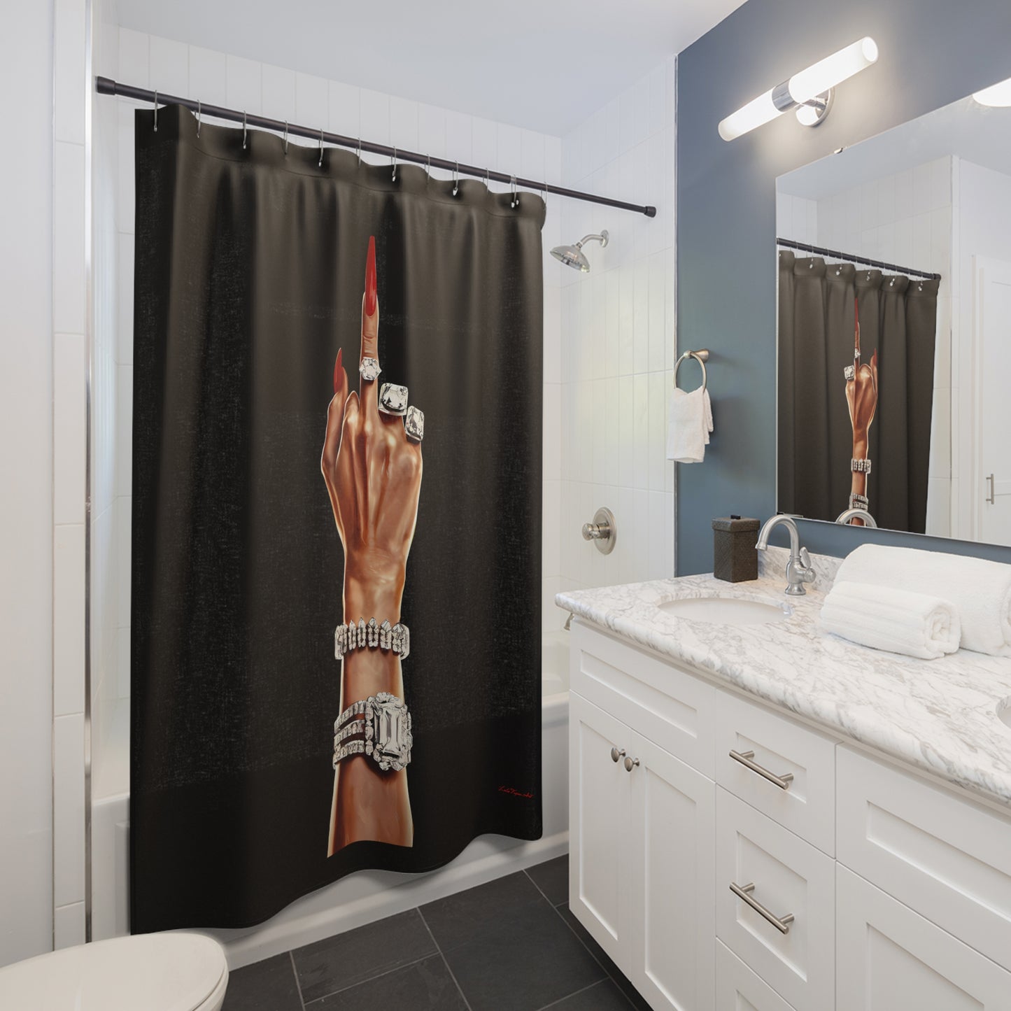 Funny Woman's Hand Shower Curtains - Defiant, Empowering Bathroom Decor, Black Curtain - LOLA VEGAS ART