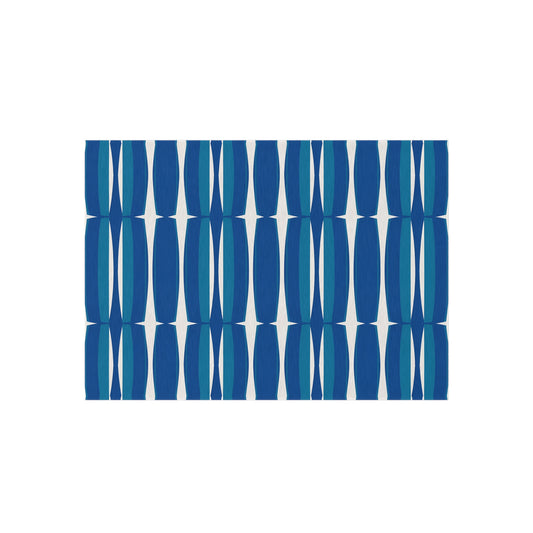 Blue White Mid-Century Geometric Outdoor Rug | Retro Teal Navy Pattern