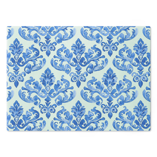 Elegant Floral Cutting Board, Kitchen Decor, Gift for Chefs, Wedding Gift, Serving Tray, Blue Damask Design - LOLA VEGAS ART