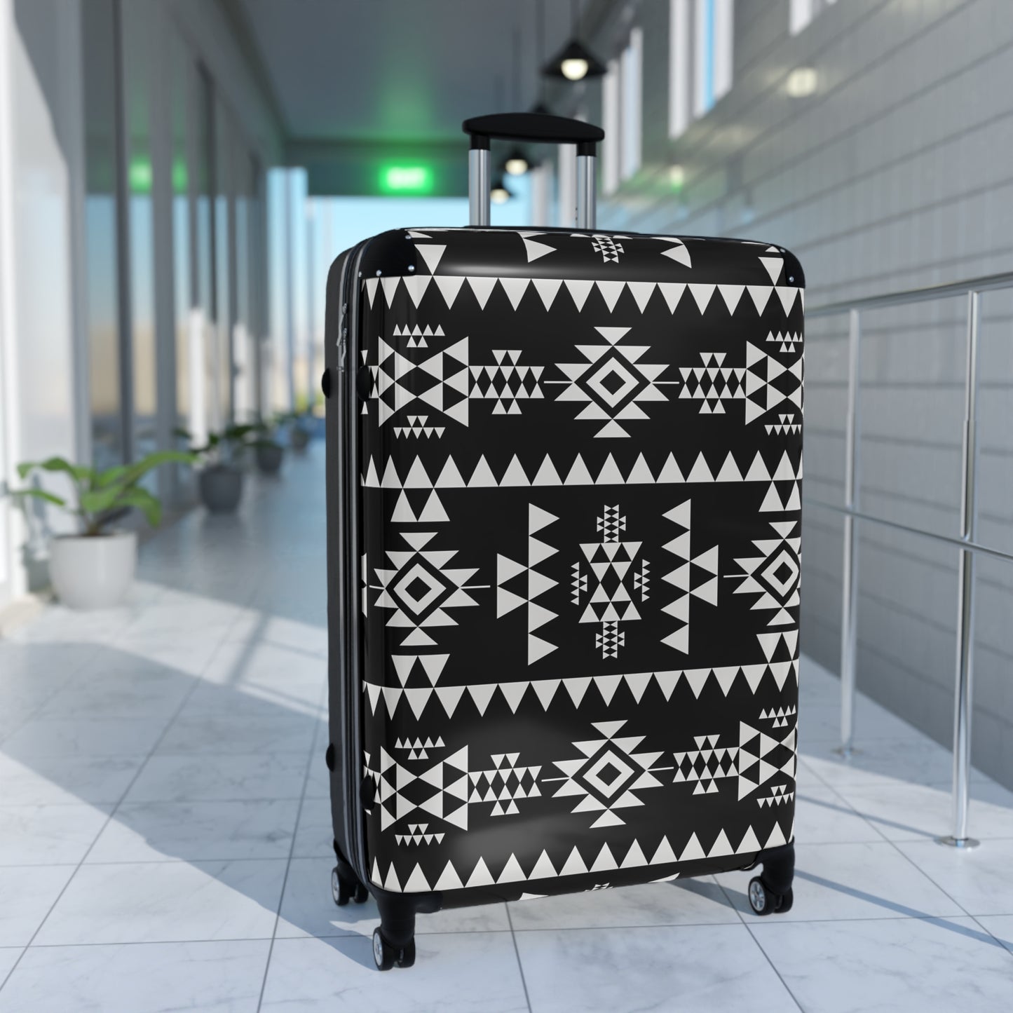 Trendy Black and Tribal White Patterned Suitcase for Stylish Travelers, Carry-On Luggage, Travel Gift, Vacation Essentials, Modern Design - LOLA VEGAS ART