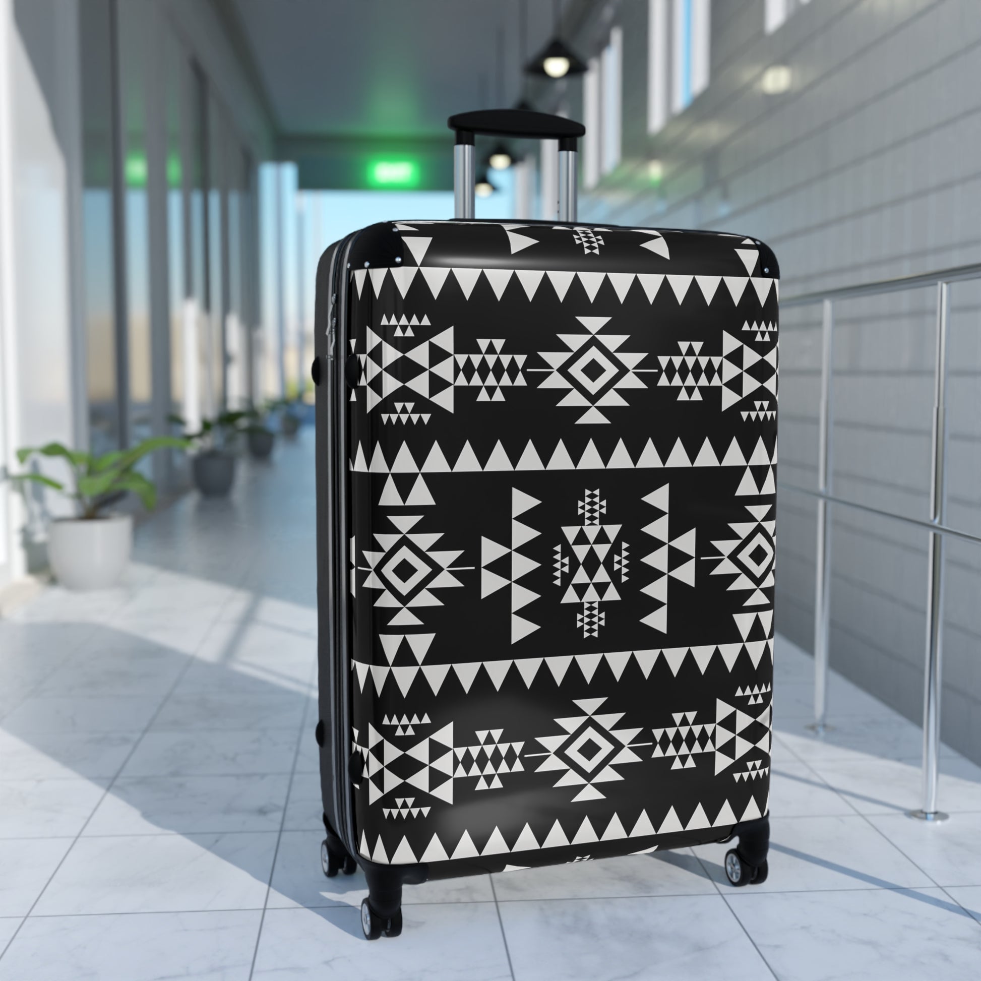 Trendy Black and Tribal White Patterned Suitcase for Stylish Travelers, Carry-On Luggage, Travel Gift, Vacation Essentials, Modern Design - LOLA VEGAS ART