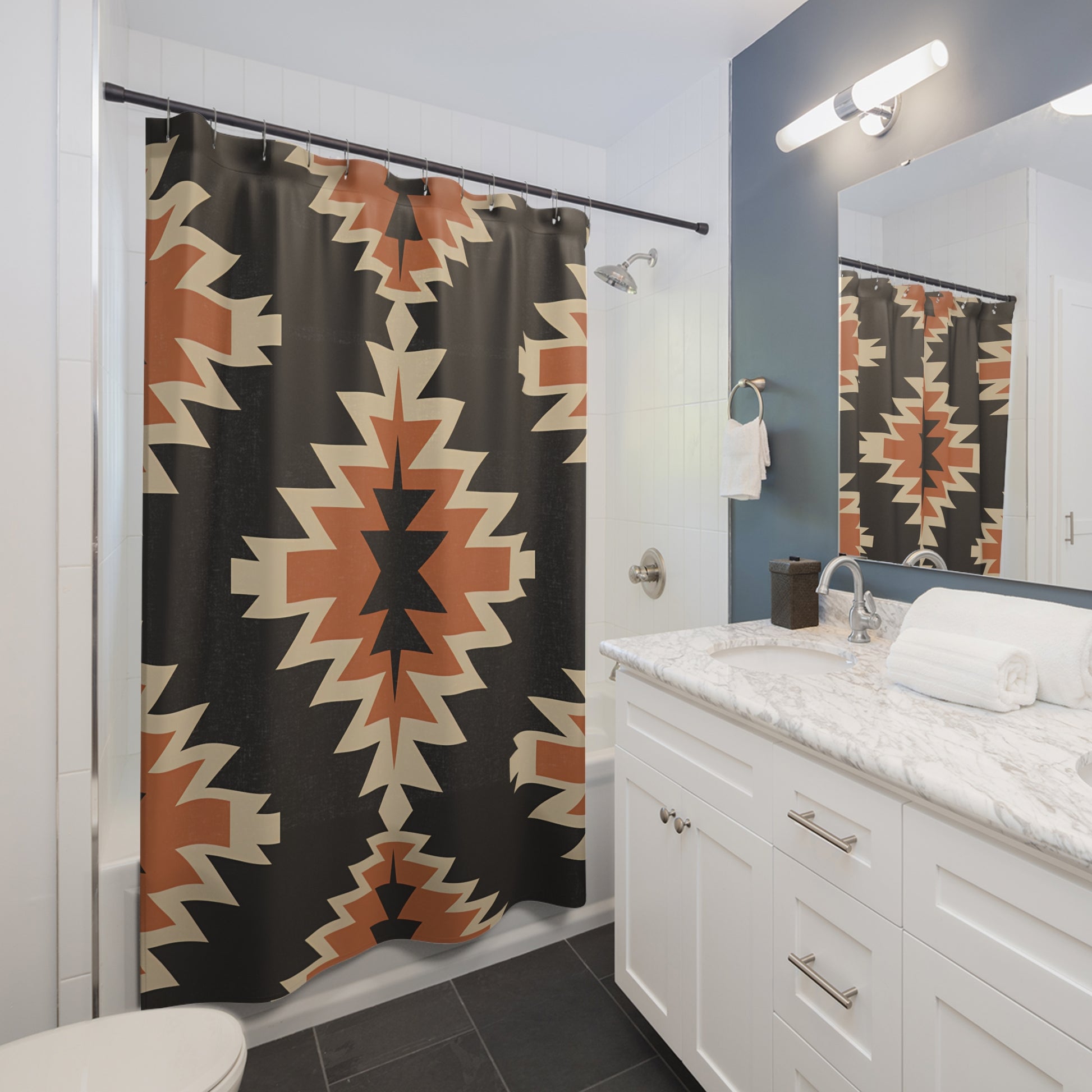 Southwestern Boho Shower Curtain, Geometric Bathroom Decor, Tribal Print Shower Curtain, Rustic Home Decor, Gift for Nature Lovers - LOLA VEGAS ART