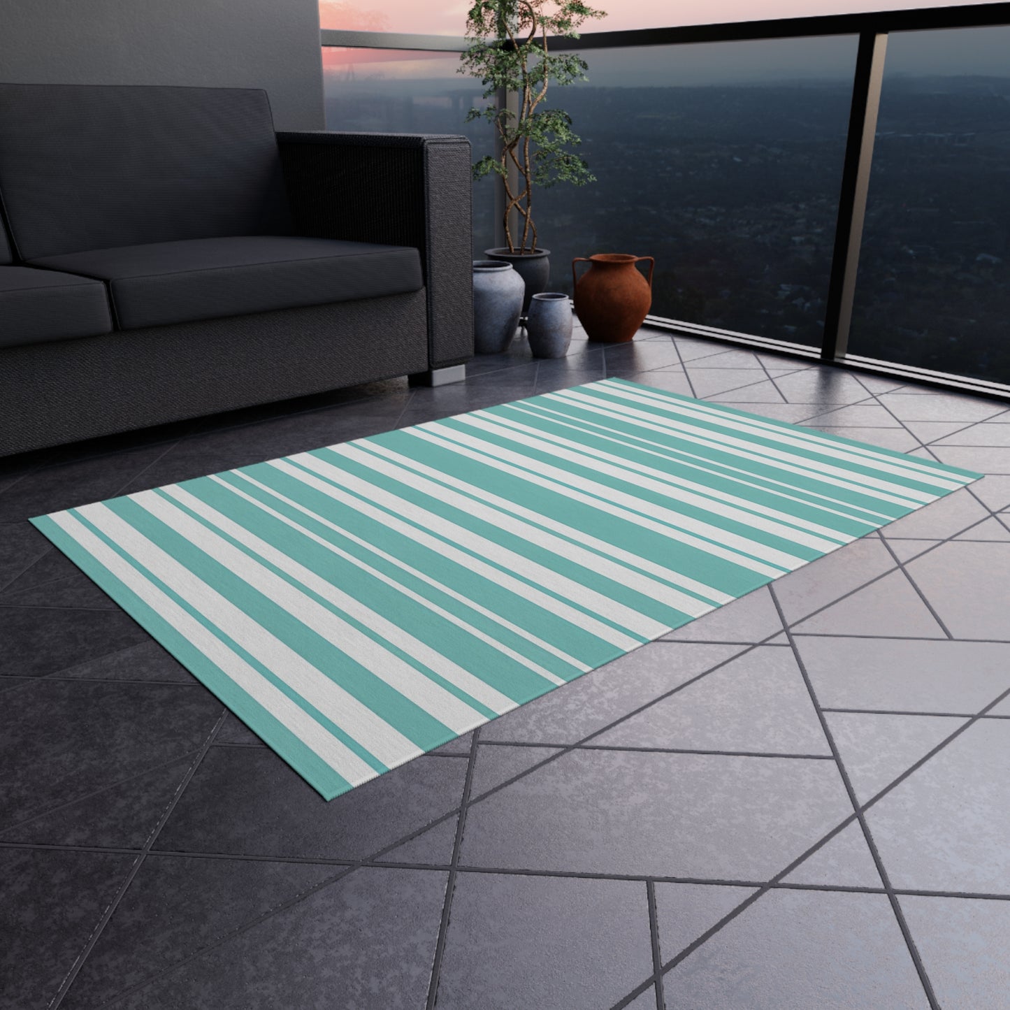 Aqua Stripe Outdoor/Indoor Rug | Teal Blue Striped Patio Mat