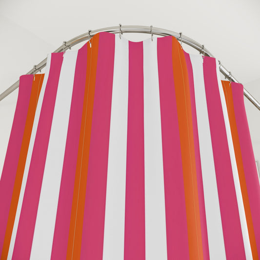 Bold Pink Orange Striped Shower Curtain | Vertical Stripe Bath Curtain