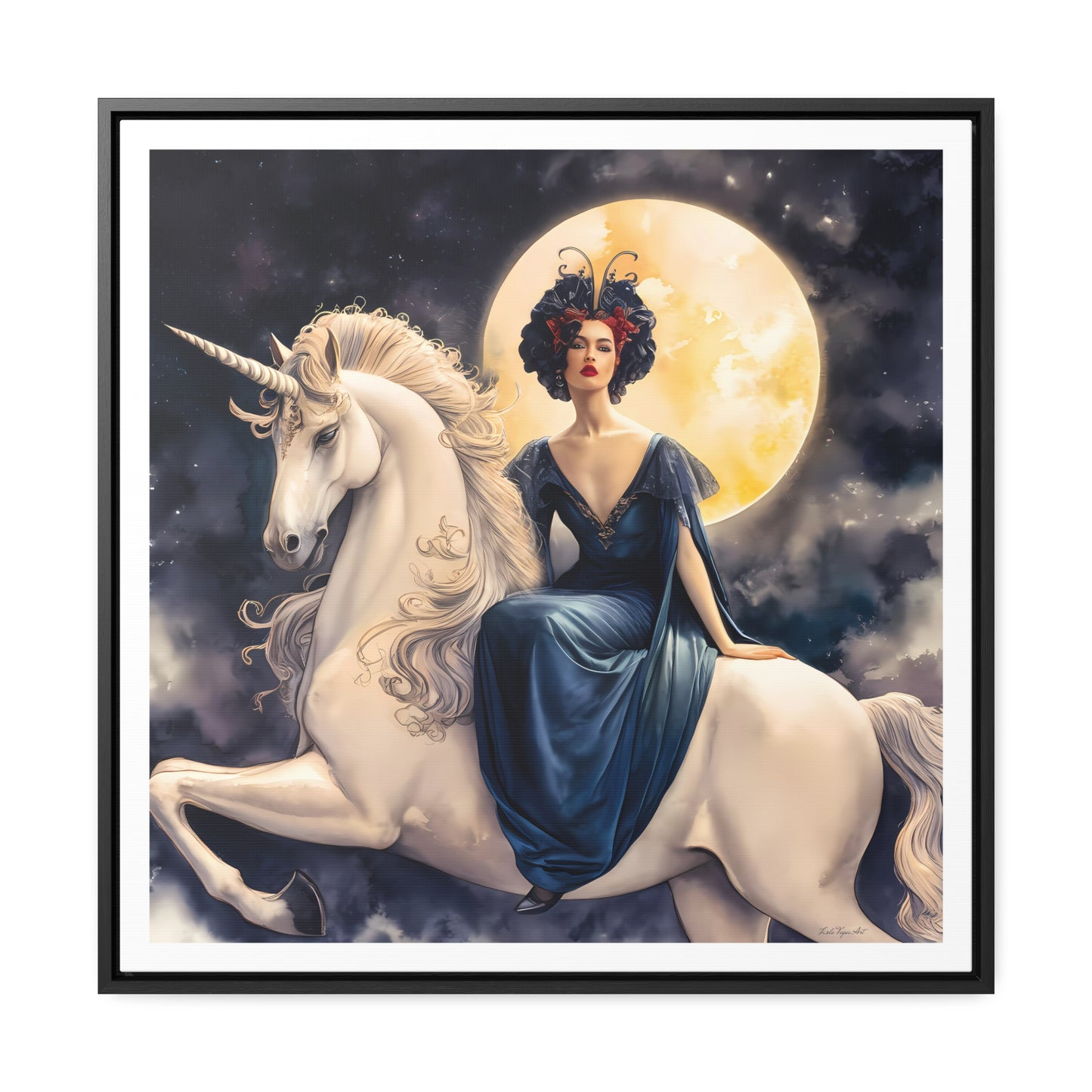 Square Framed Canvas Wall Art, Art Nouveau Style Red-Haired Woman Riding Unicorn Under Full Moon, Fantasy Decor, Magical Night, Gallery - LOLA VEGAS ART