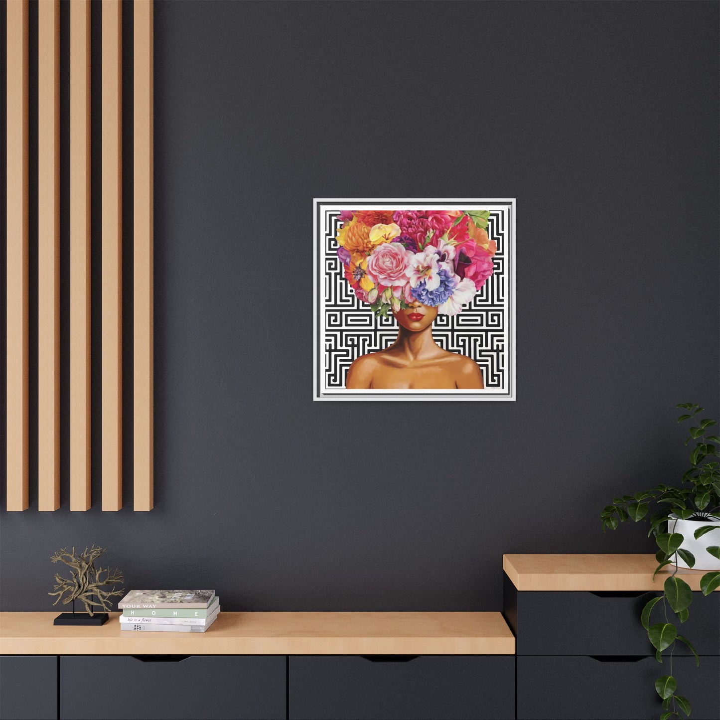Framed Art Canvas: Vibrant Floral Portrait Decor, Boho Wall Art, Home Gallery, Gift for Her, Inspirational Art, Woman With Flower Head - LOLA VEGAS ART