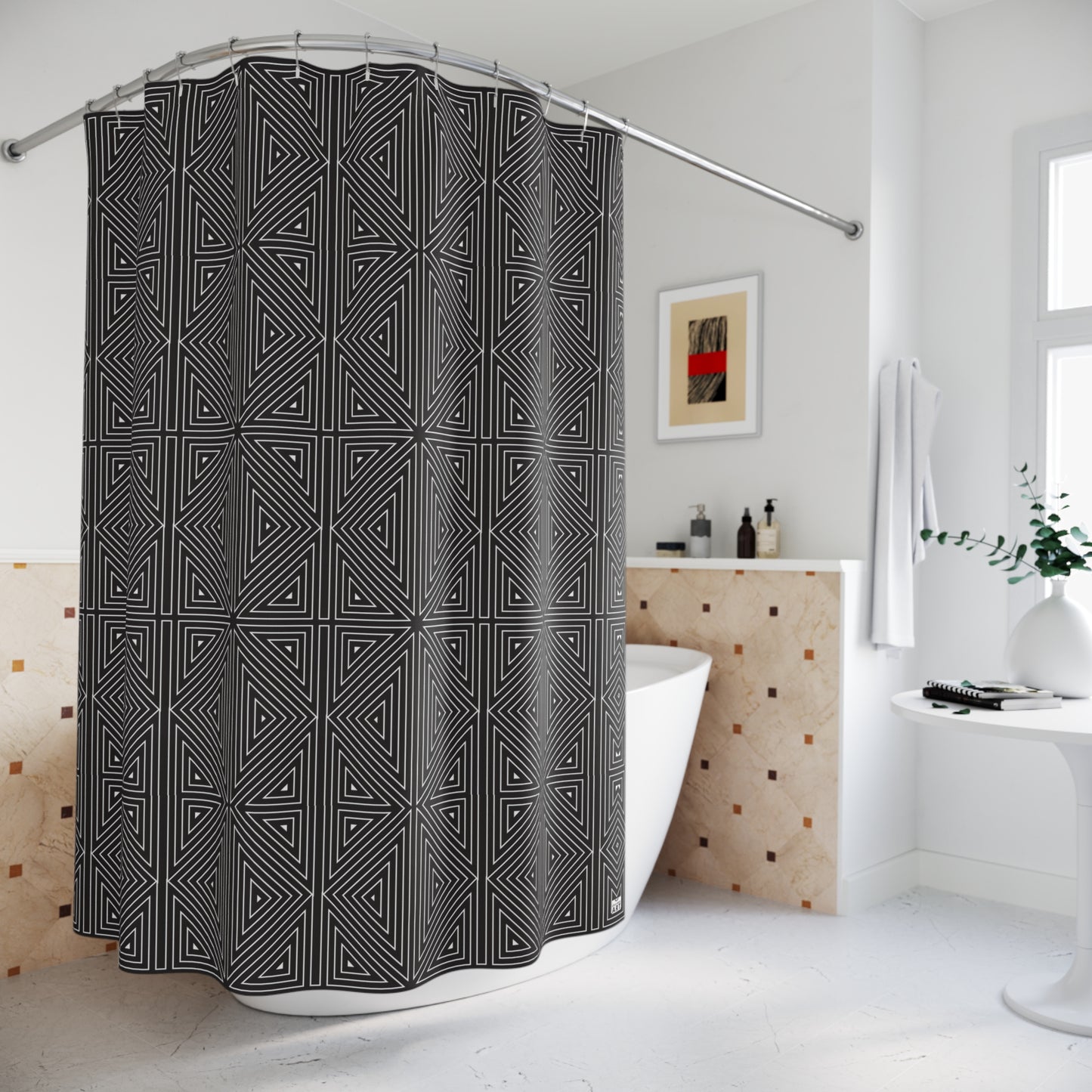 Geometric Triangle Pattern Shower Curtain | Black White Optical Bath