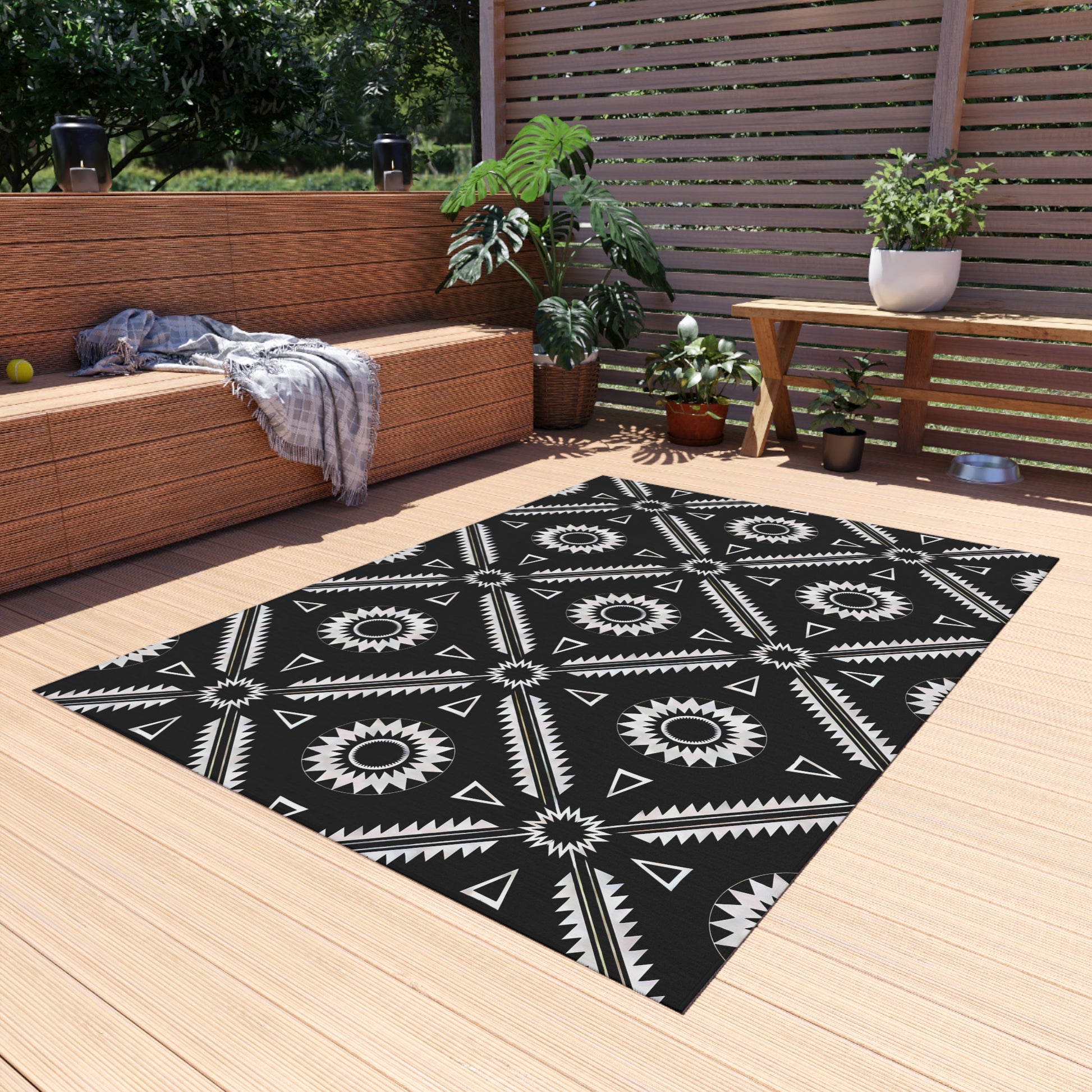 Black and White Southwestern Stylish Outdoor Rug for Patios, Boho Home Decor, Deck Mat, Garden Accent Rug, All-Weather Area Rug - LOLA VEGAS ART
