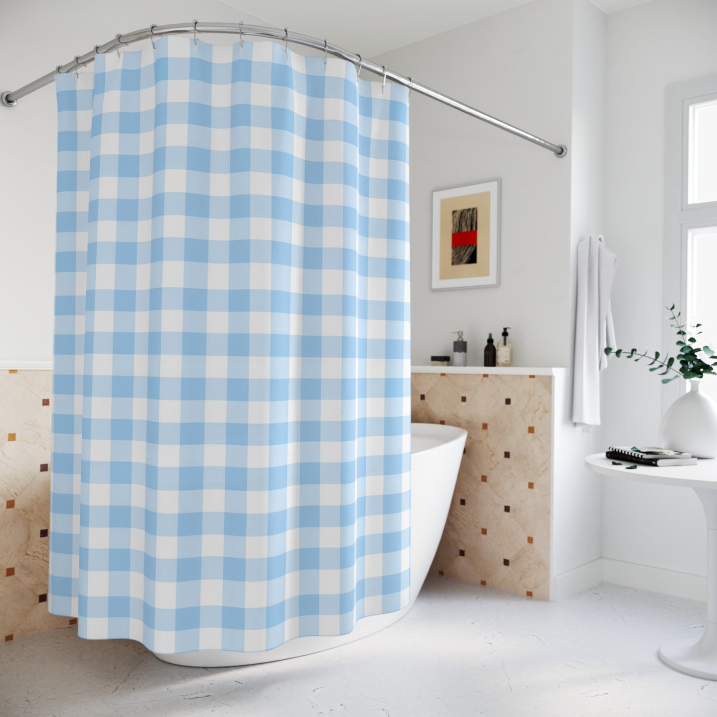 Blue Checkered Shower Curtain, Vintage Bathroom Decor, Farmhouse Style, Easy Care Bathtub Curtain, Summer Vibes, Home Makeover