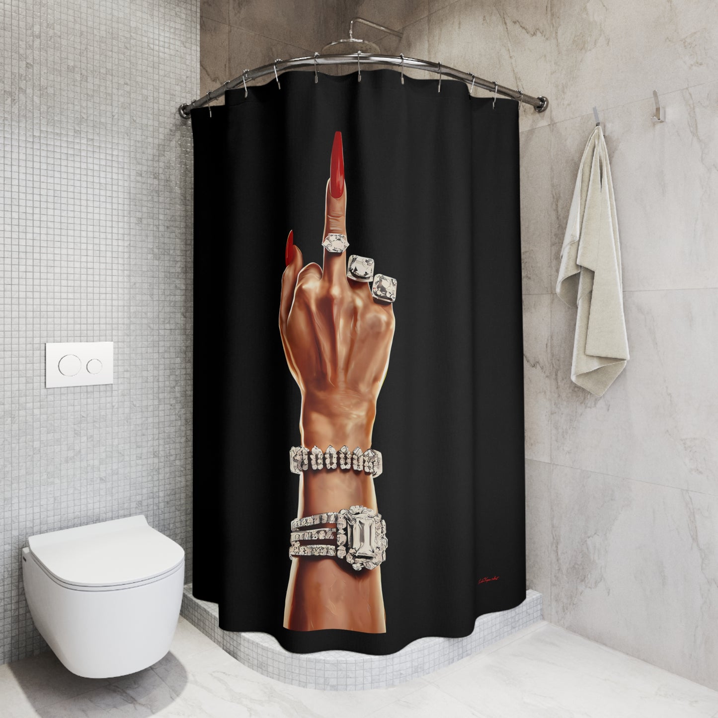 Funny Woman's Hand Shower Curtains - Defiant, Empowering Bathroom Decor, Black Curtain - LOLA VEGAS ART